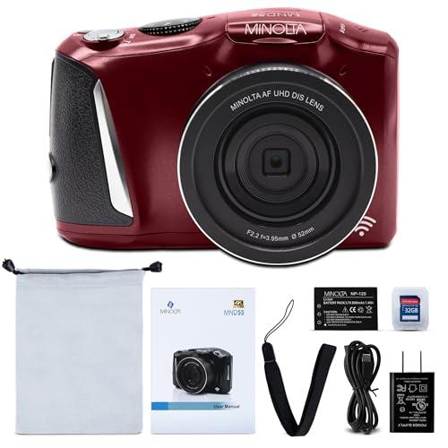 Minolta Minolta 64MP Digital Camera 4K Ultra HD Video at 60FPS, 16x Digital Zoom, WiFi, CMOS Sensor, 3-inch LCD Display, Auto Exposure - Includes 32GB Memory Card, Rechargeable Battery (Red)
