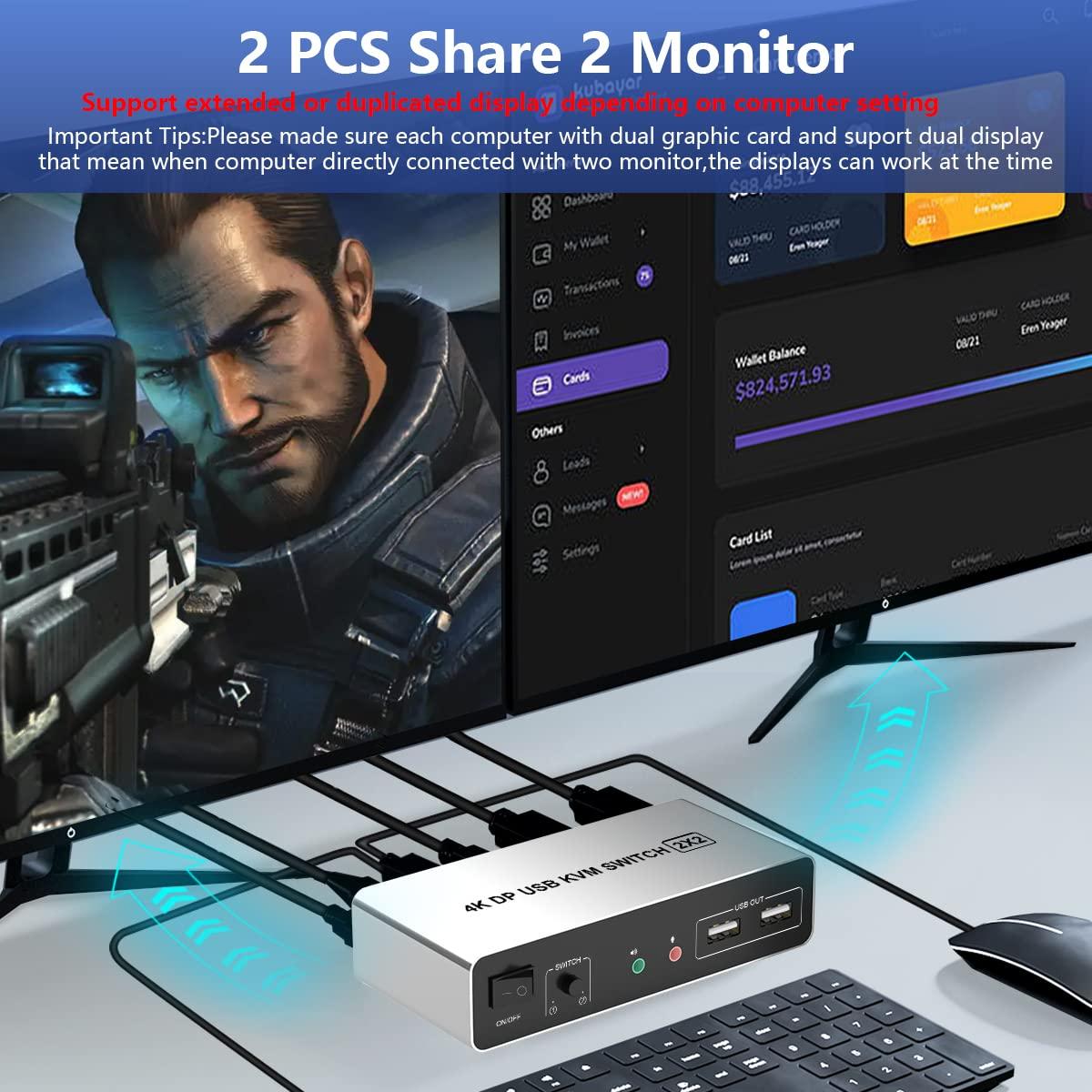 Arkidyn Plus DisplayPort KVM Switch Dual Monitors for 2 Computers 4K@60Hz 2 in 2 Out Displayport KVM Switch with Audio Microphone Output and 3 USB Ports, Keyboard Mouse Displayport Dual Monitor KVM