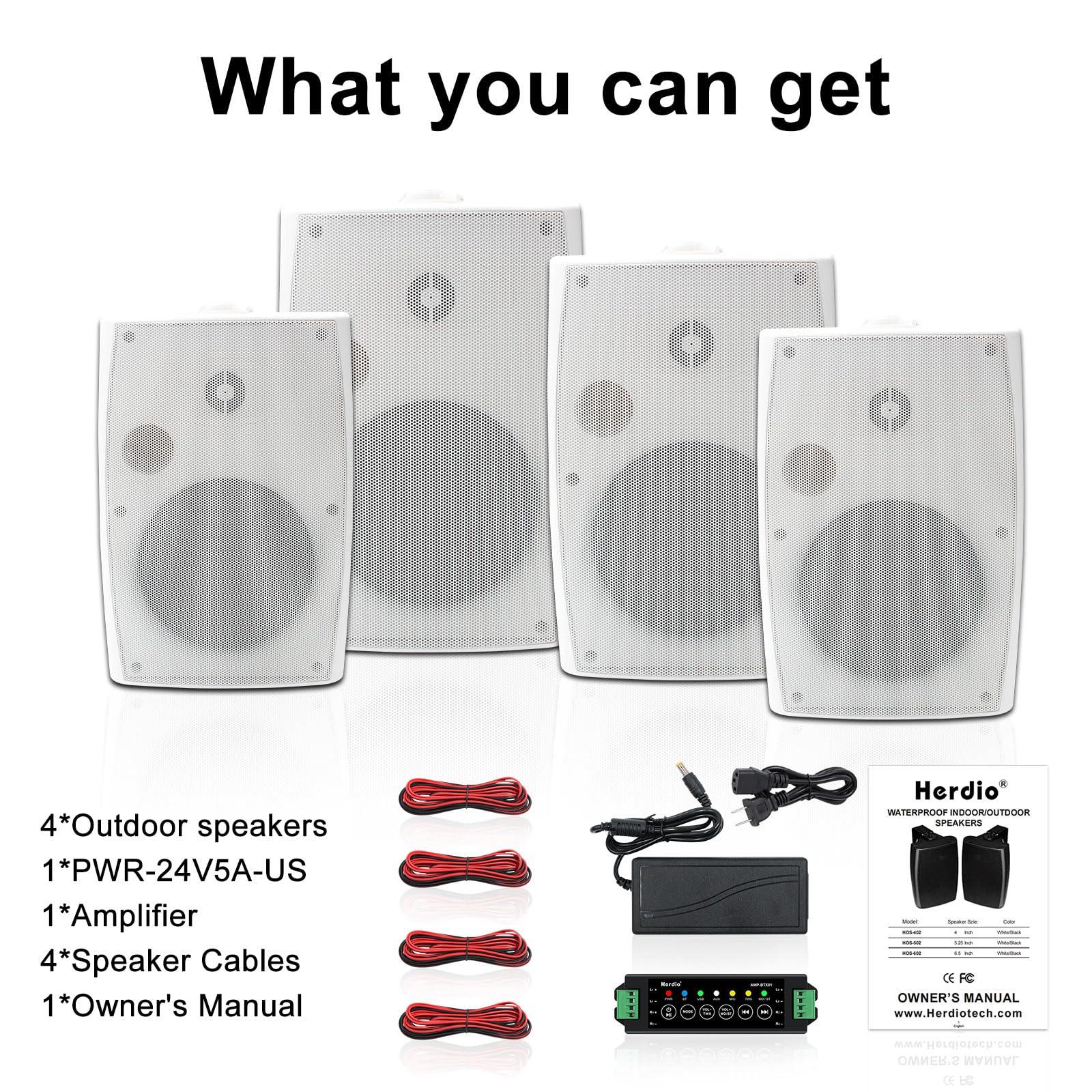 Herdio Herdio 6.5 Inch 800W Outdoor Bluetooth Speakers Wired Waterproof with Multifunctional Amplifier, Wall Mount Speakers for Patio Home Poolside Deck Backyard(4 Speakers,White)