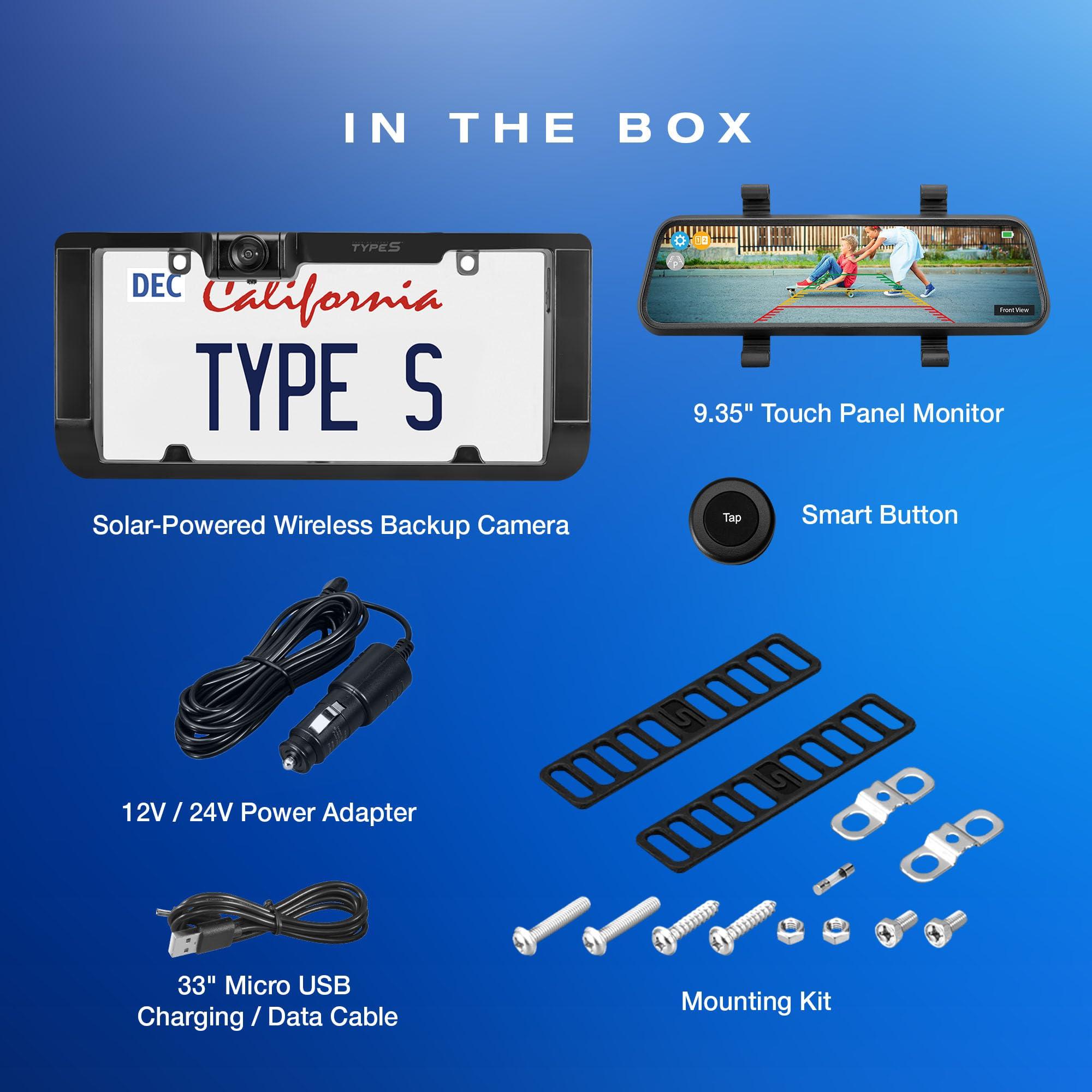 TYPE S TOURING ITEMS Type S True Wireless Solar Powered Smart HD Backup Camera | License Plate Frame Mount | Self-Charging | 3 Minute Installation | Universal Compatibility | 720p Night Vision