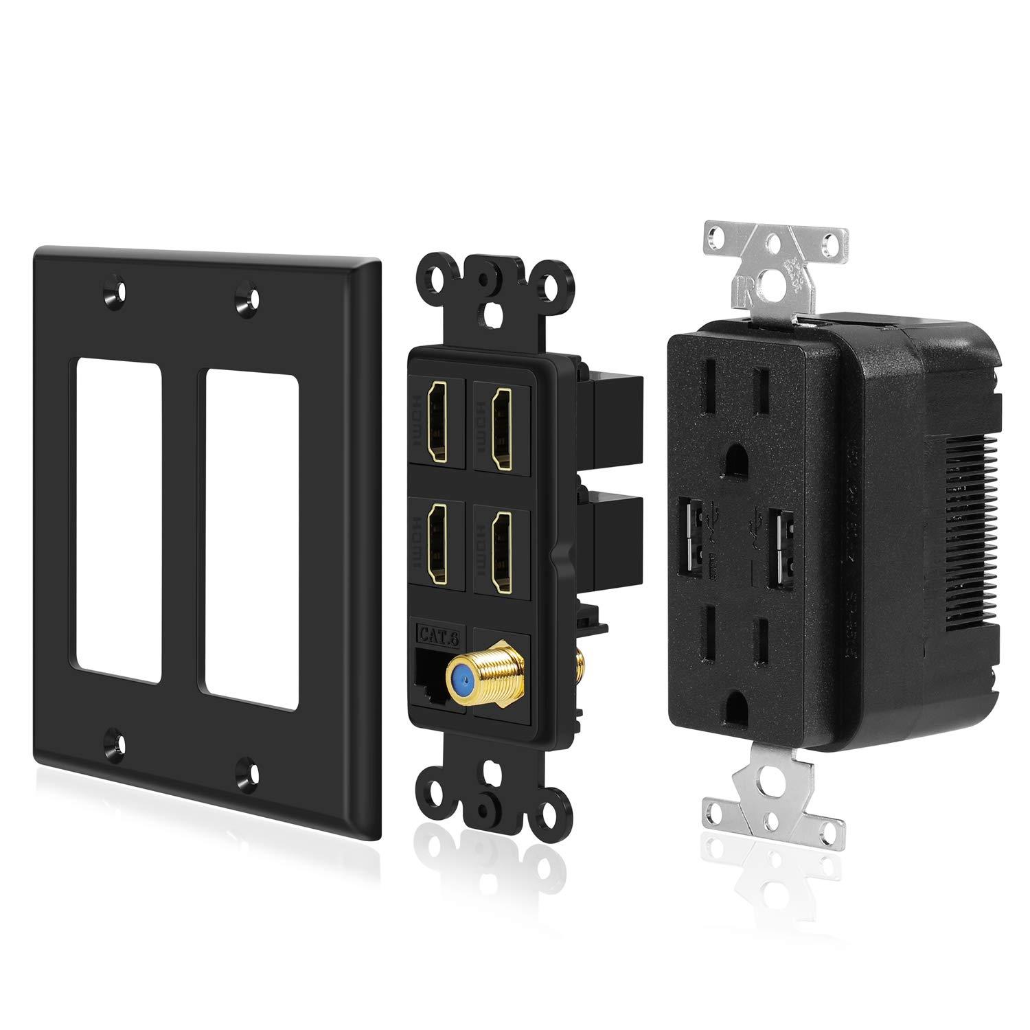 TNP Products TNP Multimedia Outlet Box (Black) - HDMI Outlet Wall Plate with USB Charging, USB Wall Plate Charger and Power Outlet 15A, 4 HDMI Ports, 1 Cat6 RJ45 Ethernet Port, Coaxial Cable Outlet, Keystone Jack