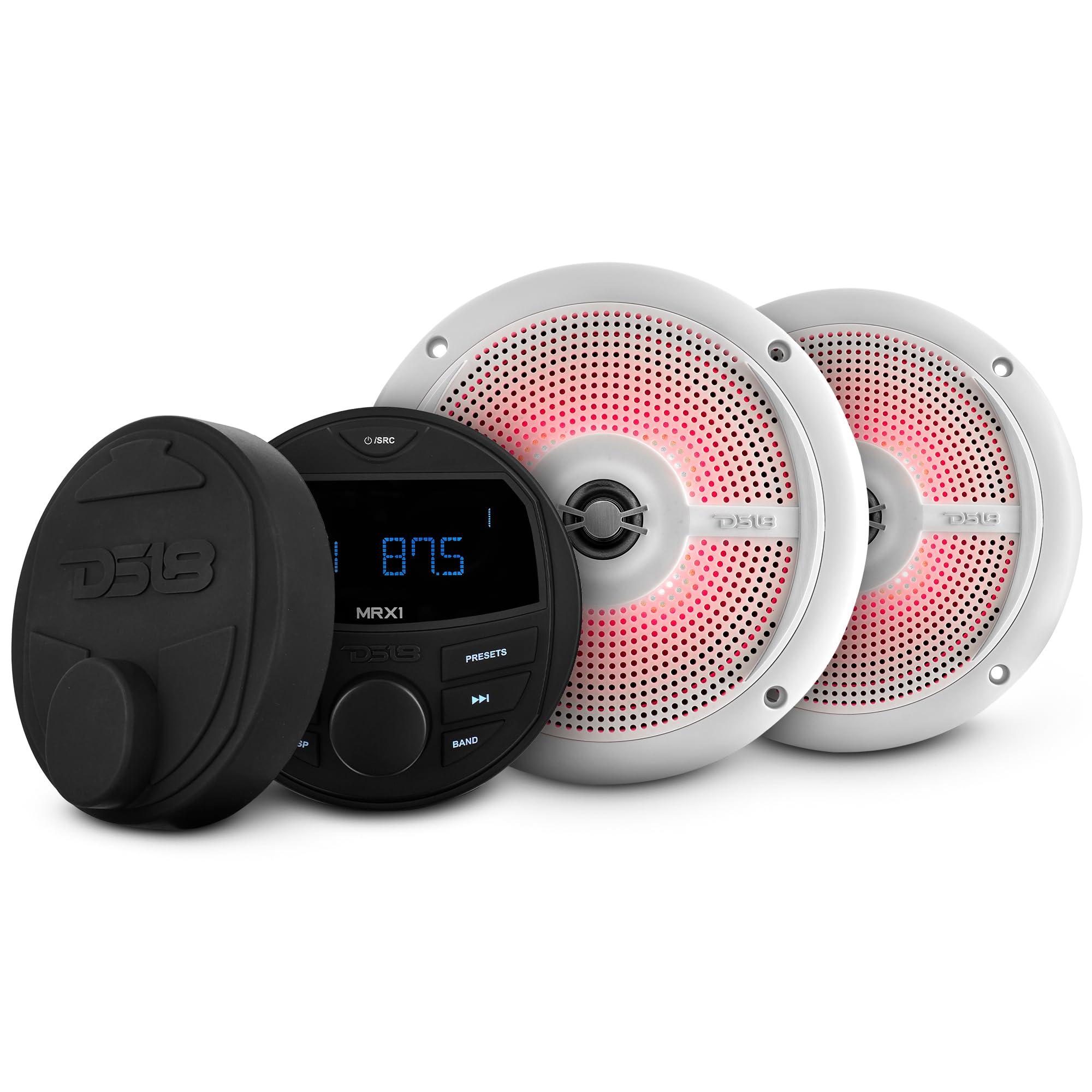 DS18 DS18 MRX16SL/WH Powersports & Marine Multimedia Radio & 2 Way 6.5” Slim Speaker Package – RGB Lights, Bluetooth, Waterproof