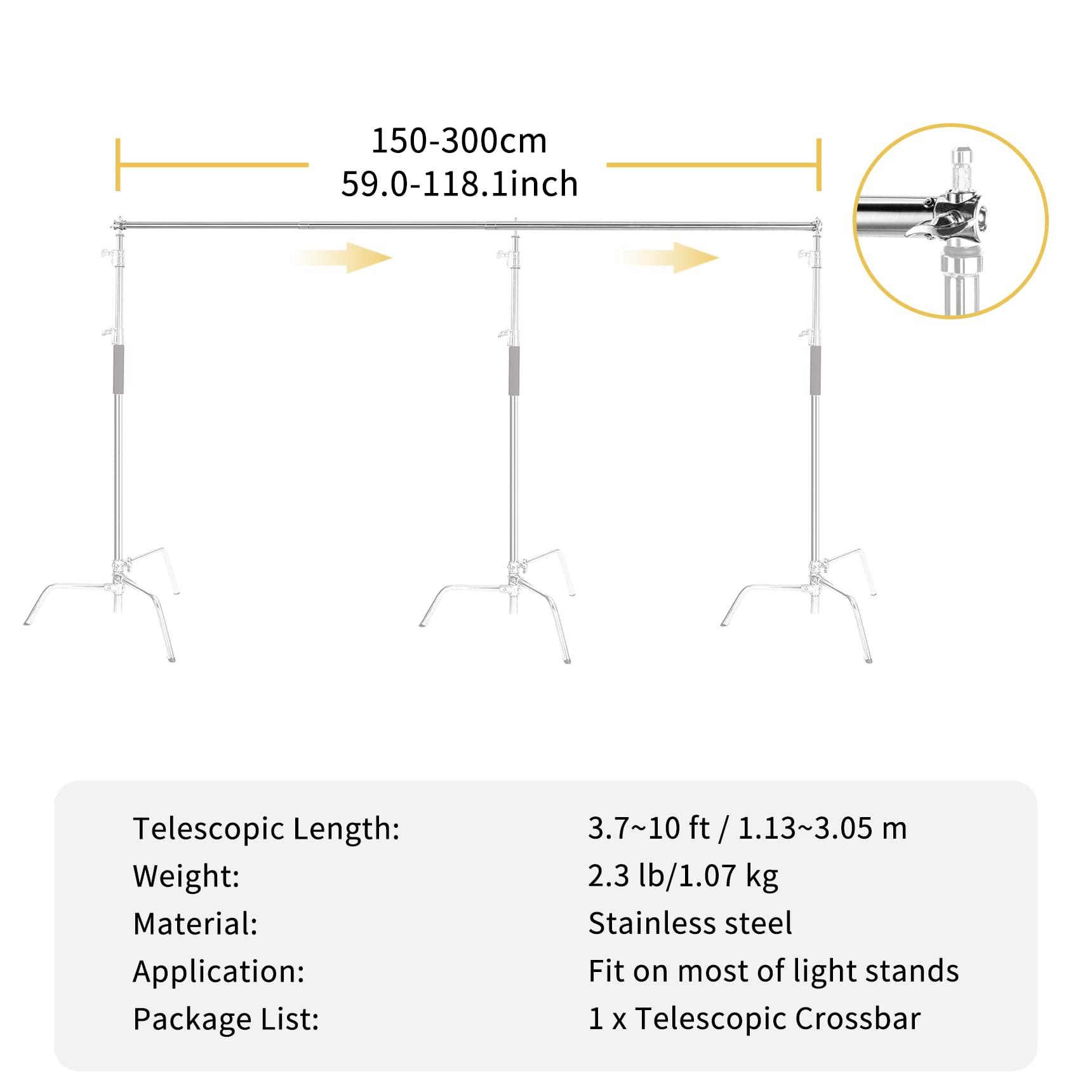 Meking Pro Stainless Steel Telescopic Backdrop Crossbar Max Length 10 ft/3m Adjustable Background Support Cross Arm, Backdrop Pole for C Stand