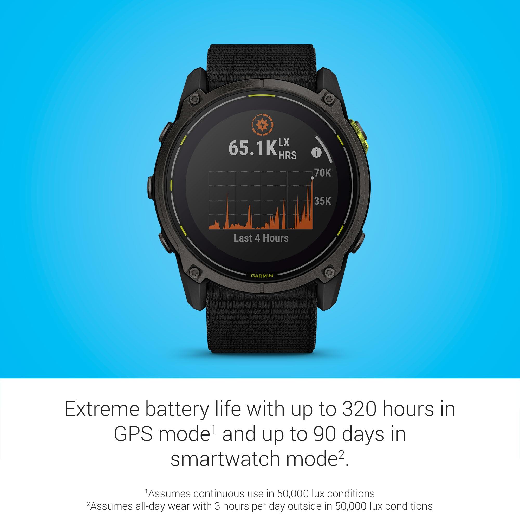 Garmin Garmin Enduro 3 51 mm, Solar, Sapphire, Ultraperformance GPS Smartwatch, Extreme Battery Life, Detailed Mapping, Built-in LED Flashlight, Carbon Gray DLC Titanium with Black UltraFit Nylon Strap