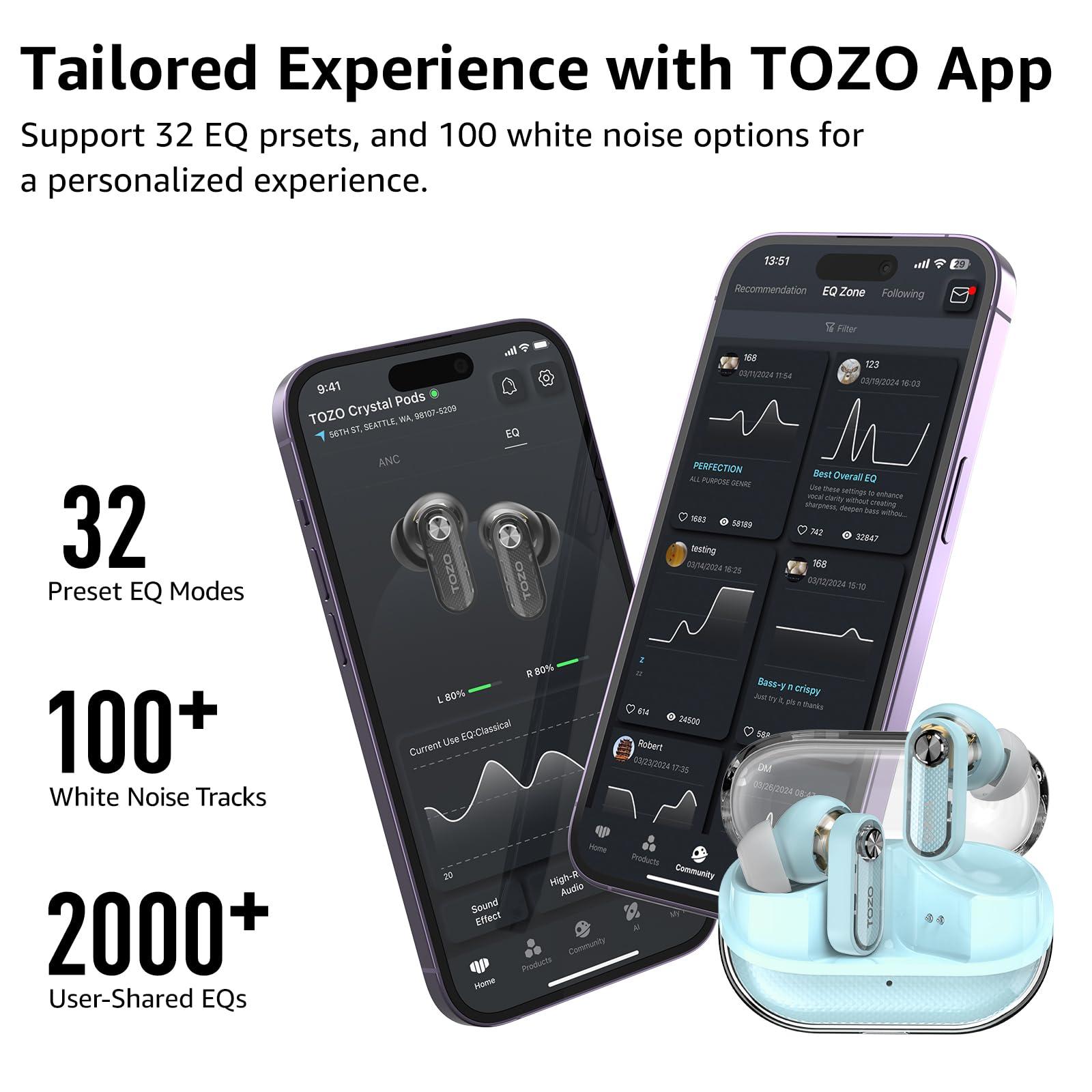 TOZO TOZO Hybrid Active Noise Cancelling Wireless Earbuds, Bluetooth 5.4 Headphones, 10mm Drivers Deep Bass Stereo Sound, 4 Mics ENC AI Clear Calls, 32 EQ Customization via App, Crystal Case Design