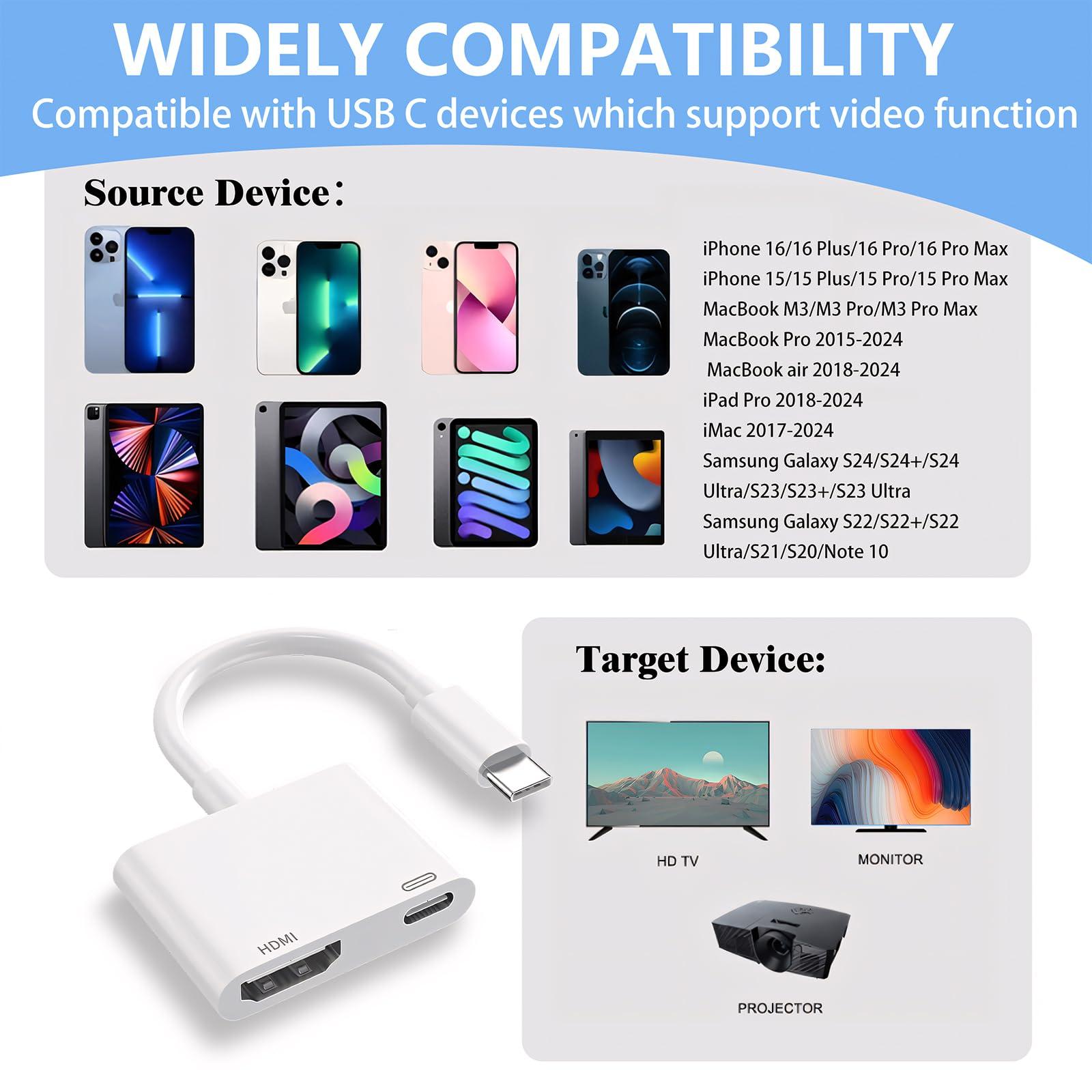 Kinhaly USB C to HDMI to iPhone 15 HDMI adapter to TV, 4K@60Hz USB C to HDMI Adapter with Charging Port, iPhone to HDMI to USB C Adapter Compatible for iPhone 16/15 Series/iPad Pro/Galaxy to HDTV Projector