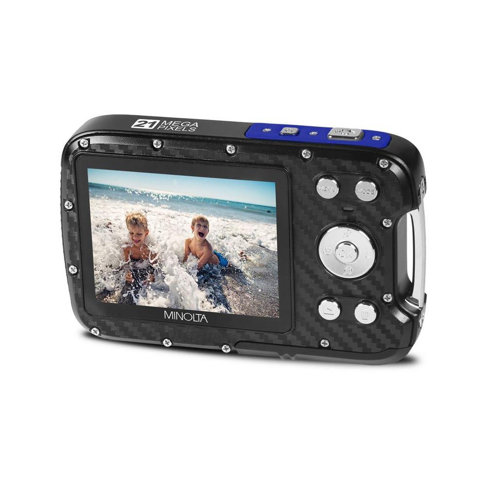 Minolta Minolta Waterproof Digital Camera 21MP Photos, 1080p HD Video, 2.8 LCD, Underwater Up to 16ft, 4X Digital Zoom, Anti-Shake, Face Detection, Smile Capture, Scene Modes, 16GB Card (Blue)