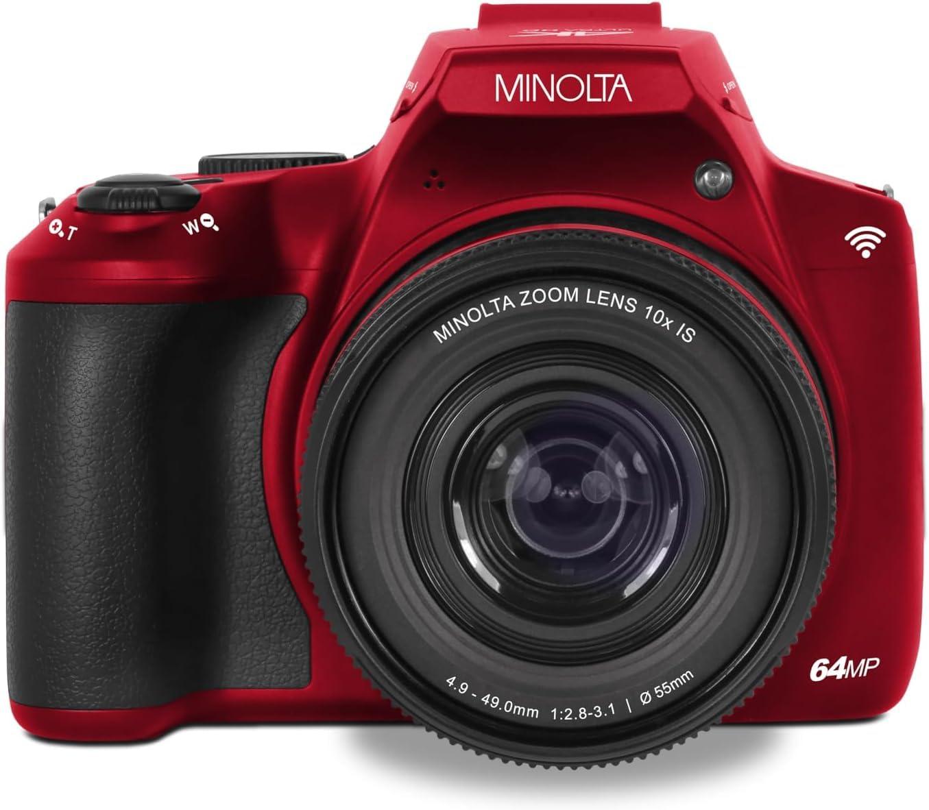 MINOLTA Minolta ProShot 64MP Digital Camera 10x Optical Zoom, 4K Ultra HD Video, Macro Shooting, Anti-Shake, 3-inch LCD Screen, Face Detection Includes 32GB SD Card, Battery & Case (Red)