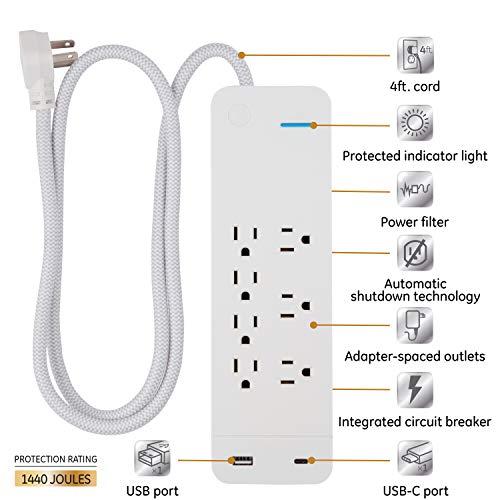 GE home electrical GE UltraPro 7 Outlet Surge Protector, USB-C Charging, 4 ft Designer Braided Extension Cord, 1440 Joules, Compatible w/ iPhone 15/14/Pro/Max/13/12/11/X, Galaxy, Google Pixel, White, 41355