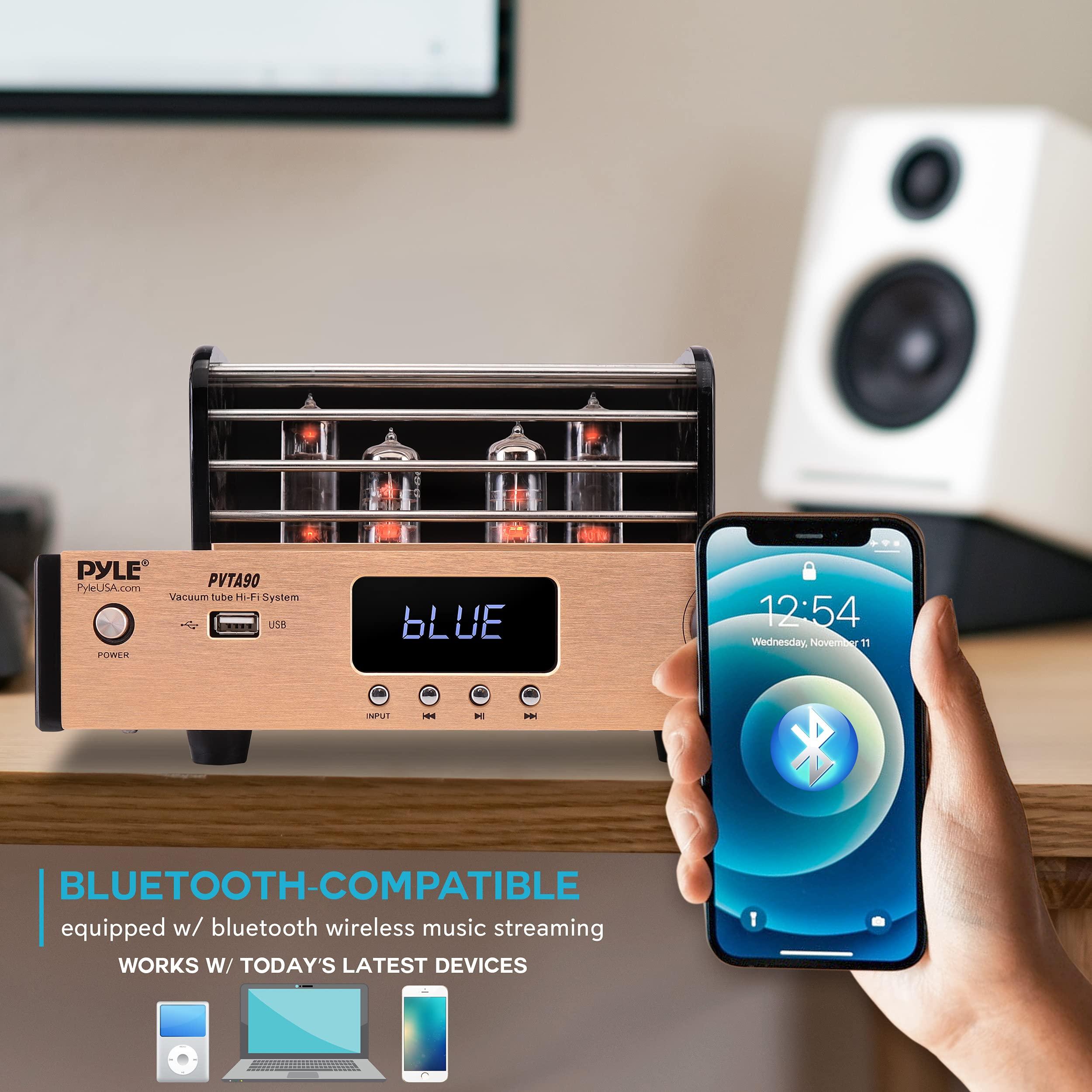 Pyle Bluetooth Tube Amplifier Stereo Receiver - 1000W Home Audio Desktop Stereo Vacuum Hi-Fi Power Amplifier Receiver w/ 4 Vacuum Tubes, USB/CD/DVD Input, Subwoofer Output - Pyle PVTA90