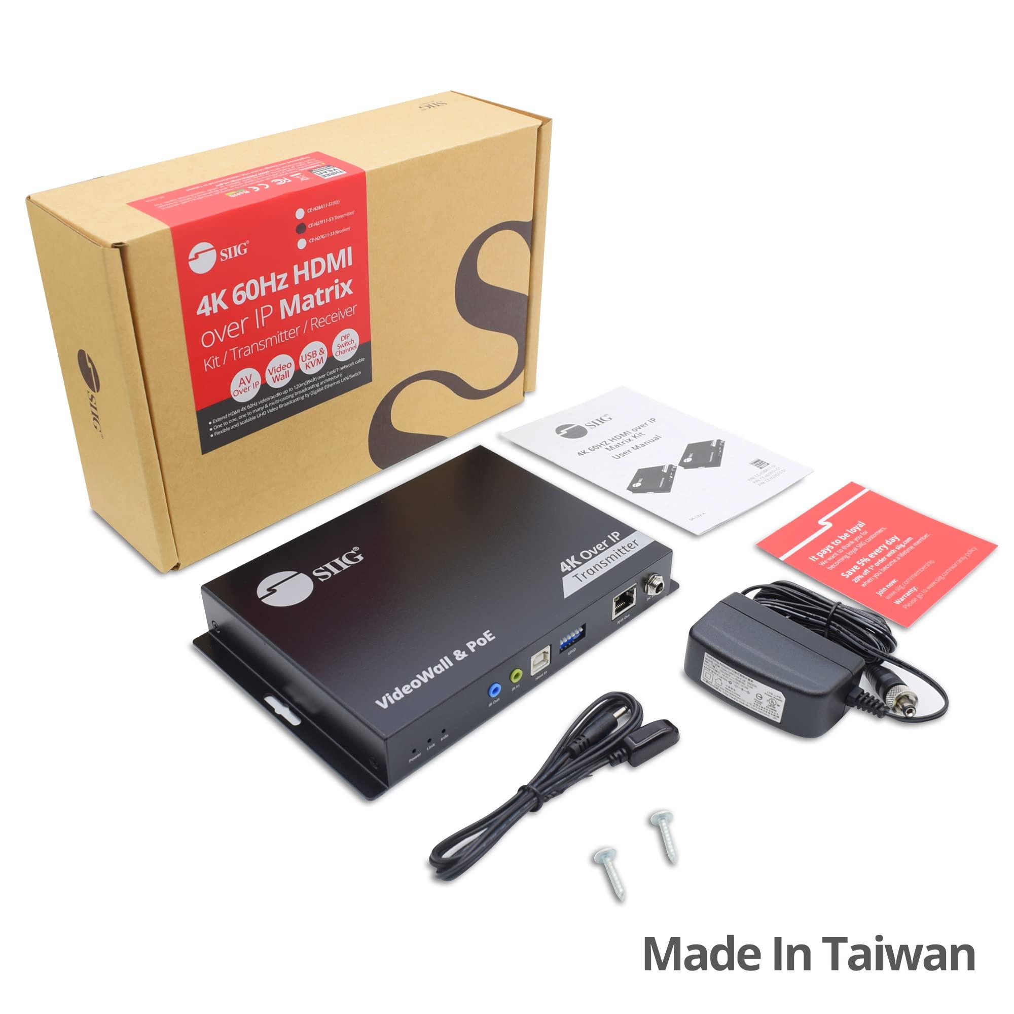 SIIG SIIG 4K HDMI Over IP Matrix Switch Transmitter Only, 4K 60Hz, USB KVM Extender, Video Wall Control, Scalable for Multiple Video Sources and Displays, IR Passthrough, PoE, TAA Compliant (CE-H27F11-S1)