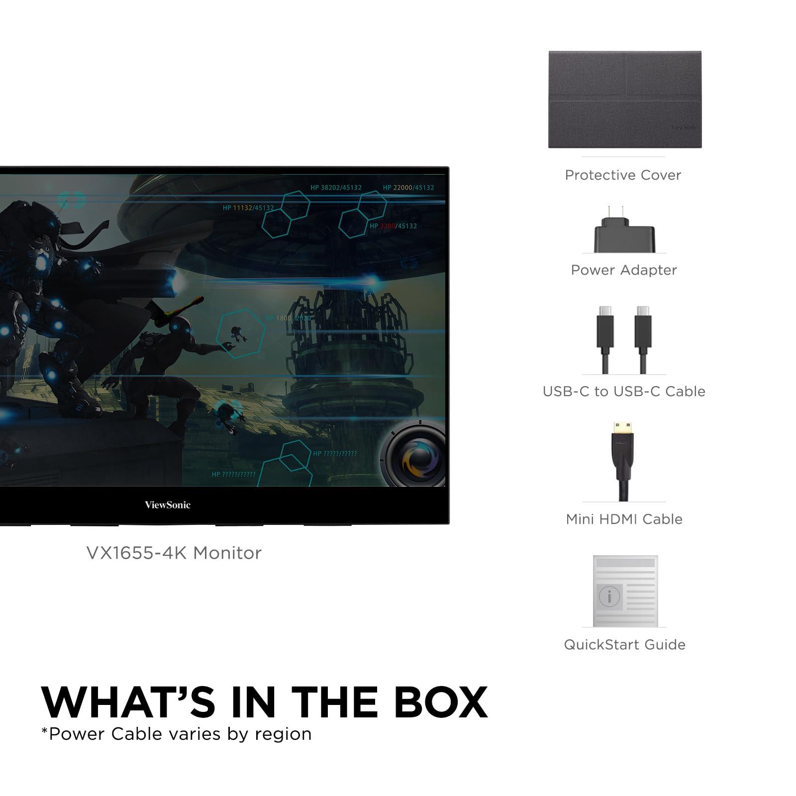 ViewSonic ViewSonic VX1655-4K 15.6\" 4K UHD Portable LED IPS Monitor with 2 Way Powered 60W USB C, Mini HDMI, Dual Speakers (Renewed)