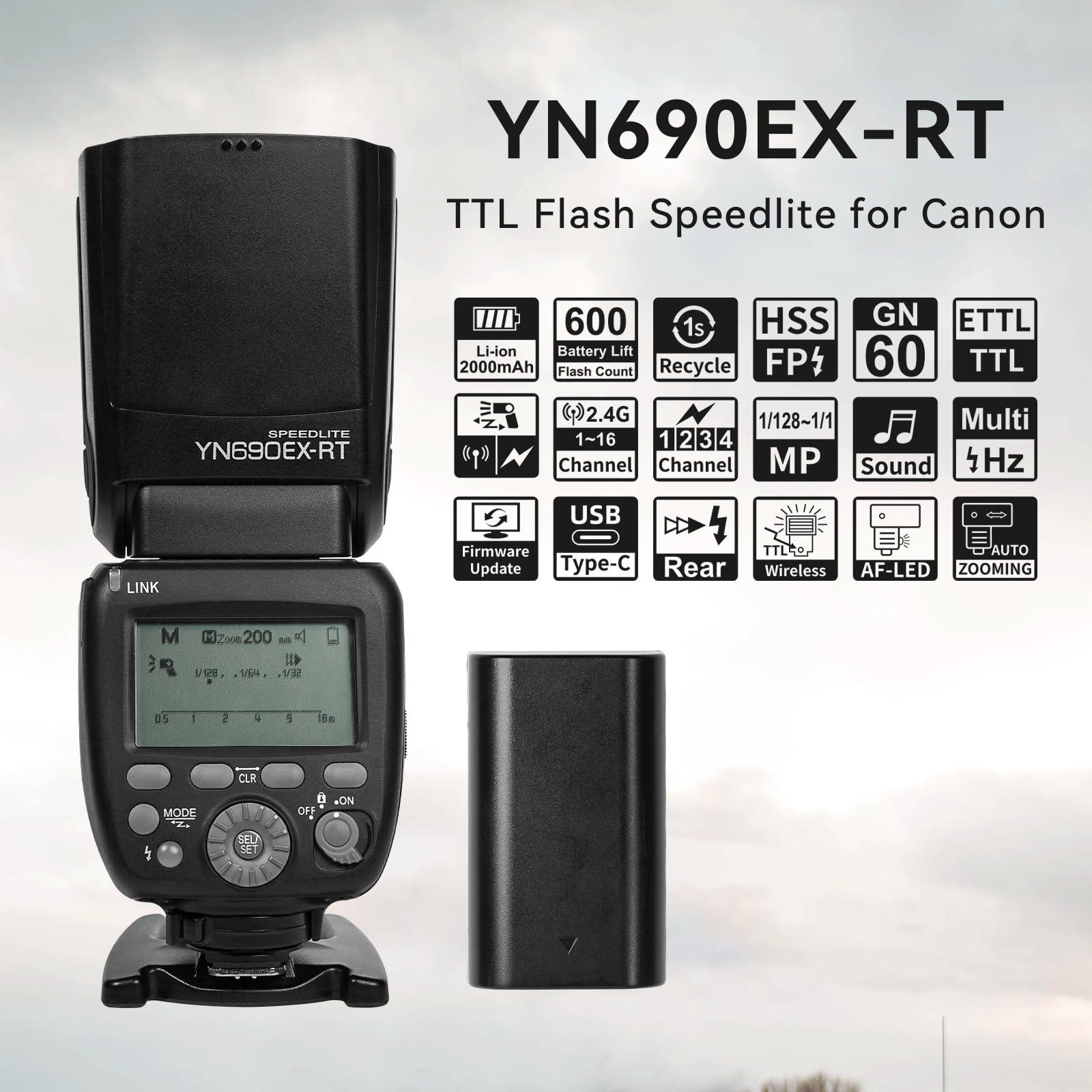 YONGNUO YONGNUO YN690EX-RT Wireless Flash Speedlite, GN60 TTL HSS 1/8000s Optical Master and Slave Camera Flash for Canon, 2000mAh Li-ion Battery with Type-C Charging Interface