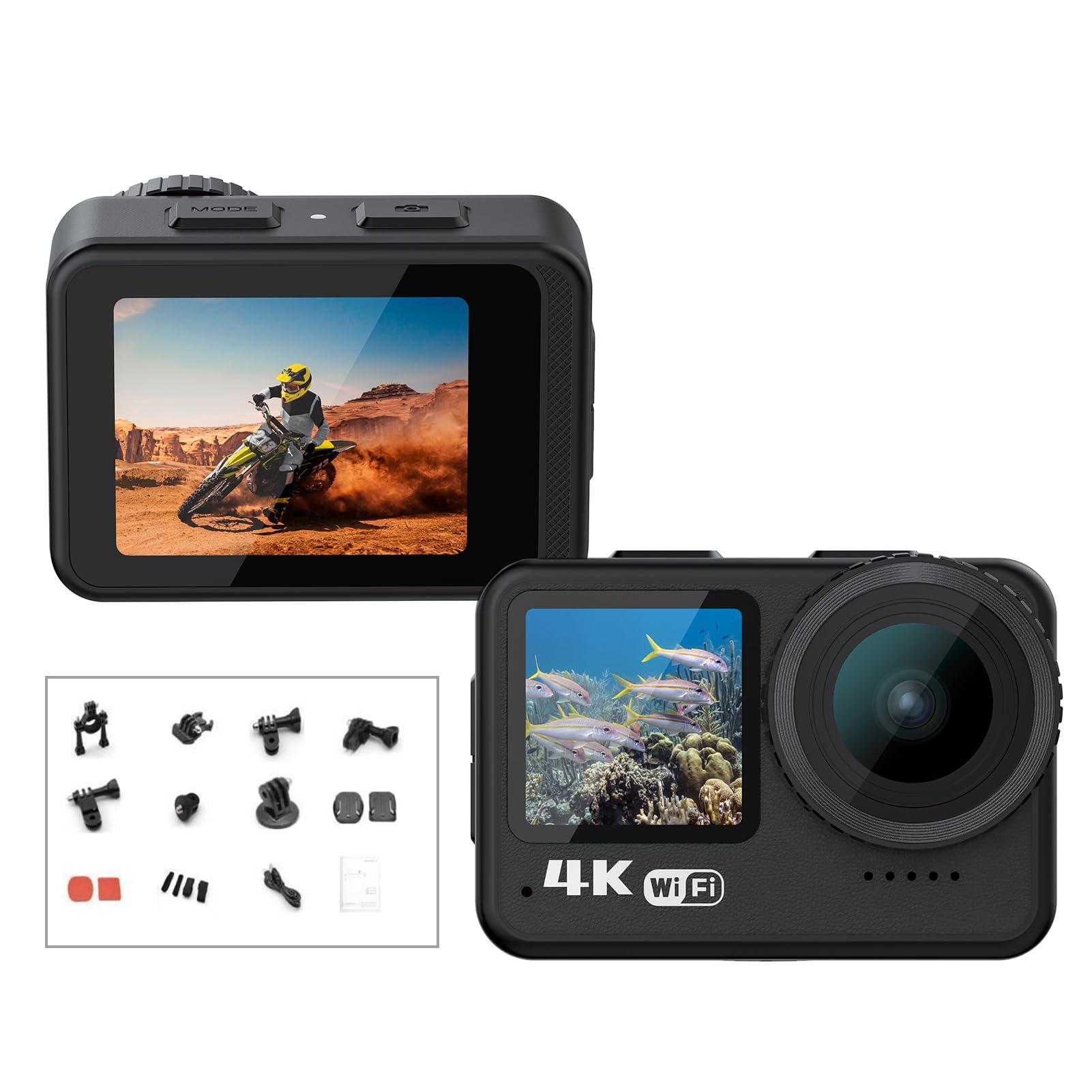 Andoer Andoer 4K 60FPS Action Camera 24MP WiFi Sports Camera 170Wide Angle Lens Dual Screen Touch Control Anti-Shake 21M/69ft Body Waterproof with Mounting Accessories Kit for Diving Surfing Skiing Cycling