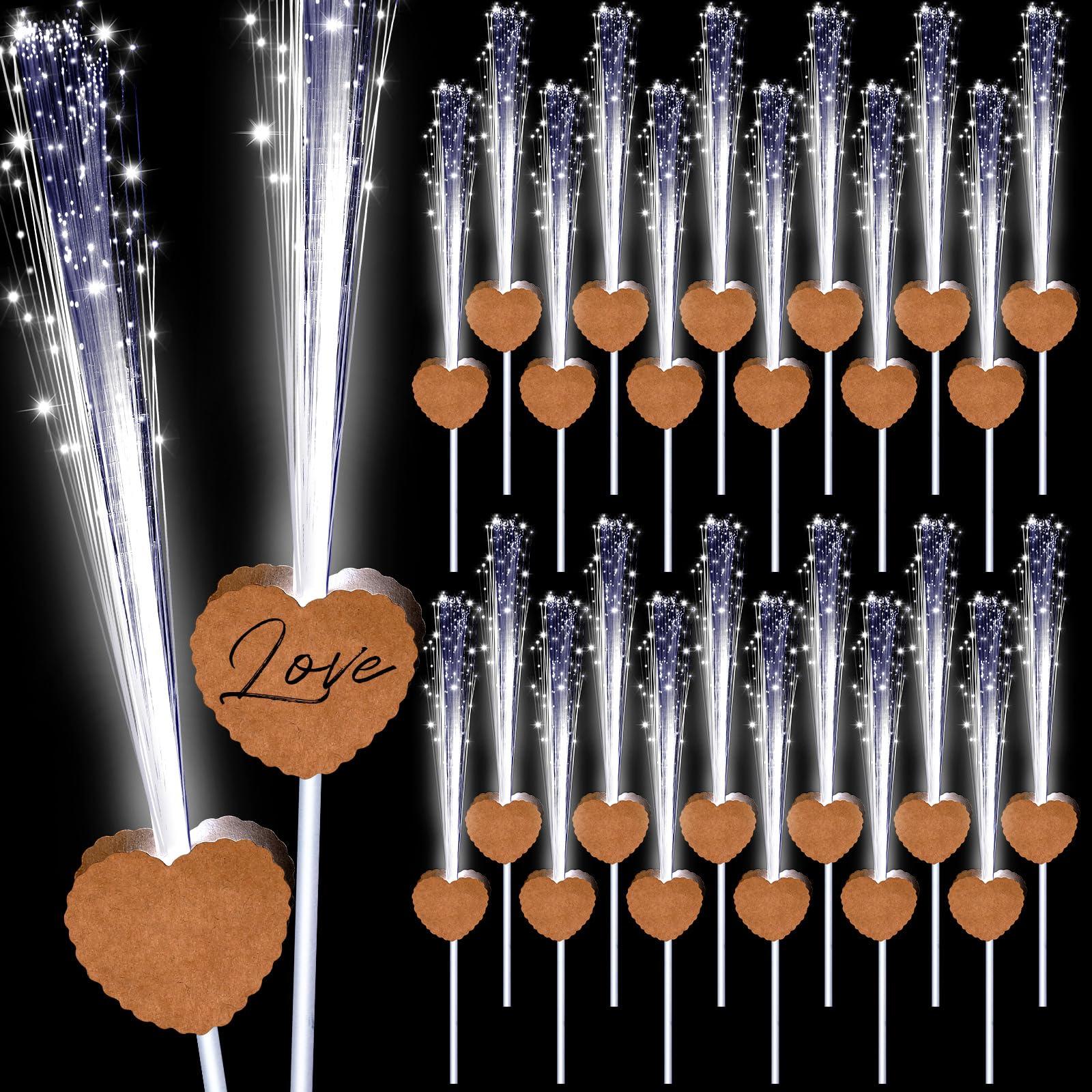 Tujoe Tujoe 100 Pcs Wedding Sparklers Heart Shaped LED Glow Sticks White Fiber Optic Wands Light up Wand with 3 Light Mode for Wedding Bridal Shower Birthday Glow in the Dark Party Supplies