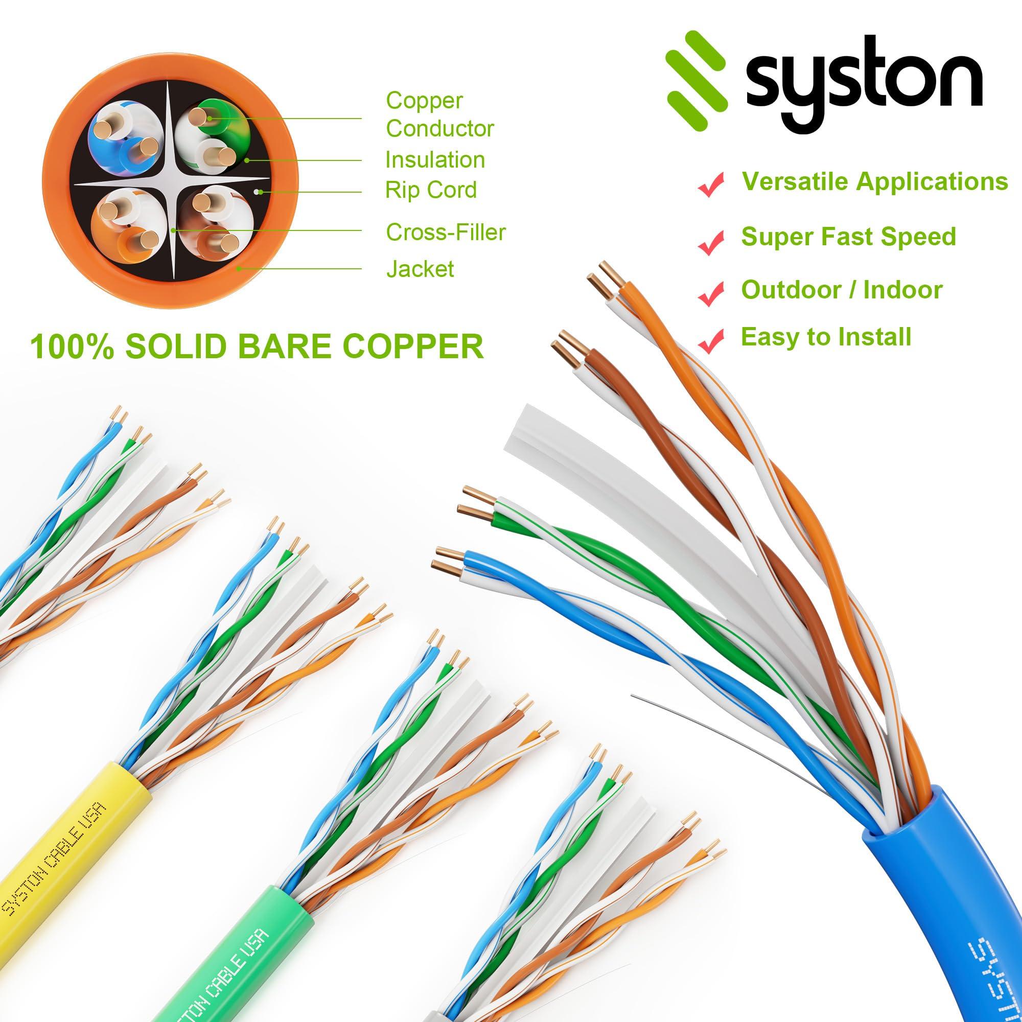 Syston Cable Technology Syston Cable Tech Cat6A+ Bulk Raw Ethernet Cable Blue Bulk 700MHz 90 ft 23AWG 4pr Unshielded Twisted Pair UTP Solid Bare Copper Riser CMR Heat UV Resistance Indoor Outdoor Order to Cut