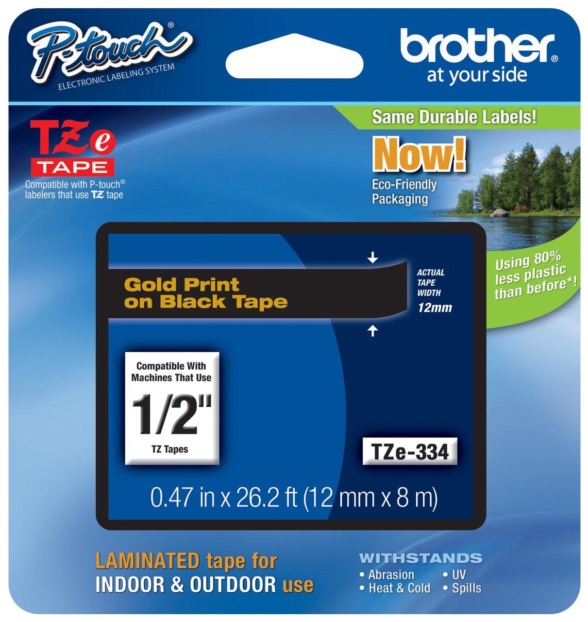Brother Brother Genuine TZe-334 1/2" Gold on Black Standard Laminated Tape for P-Touch Labeler, 6 Pack