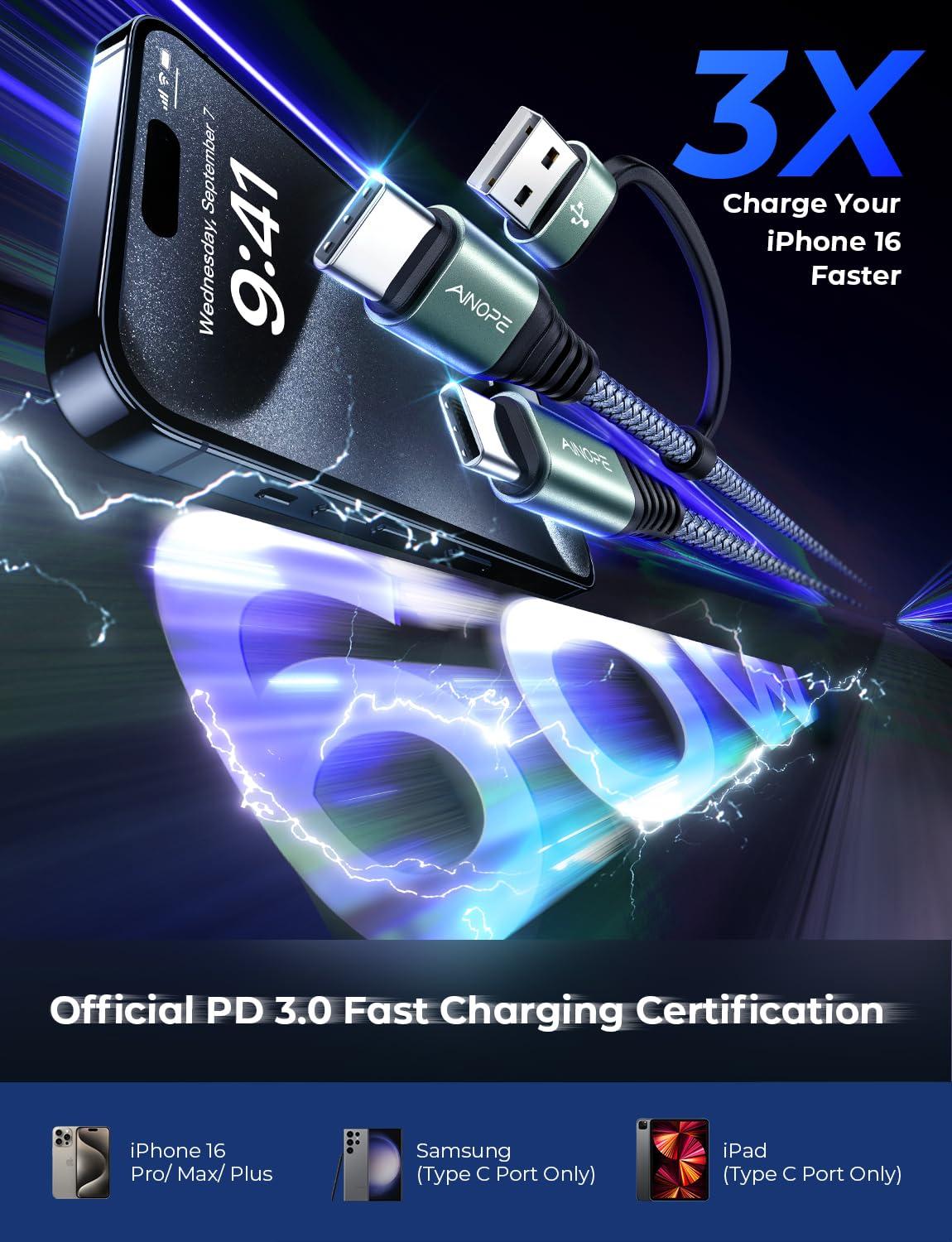 AINOPE AINOPE USB C to USB C Cable, 10 FT USB C Cable Fast Charging with Type C to USB Adapter, 60W USB to USBC Cable for iPhone 16 Pro Max Plus 15 14 13 12 Samsung 25 Ultra iPad MacBook Switch, Grey