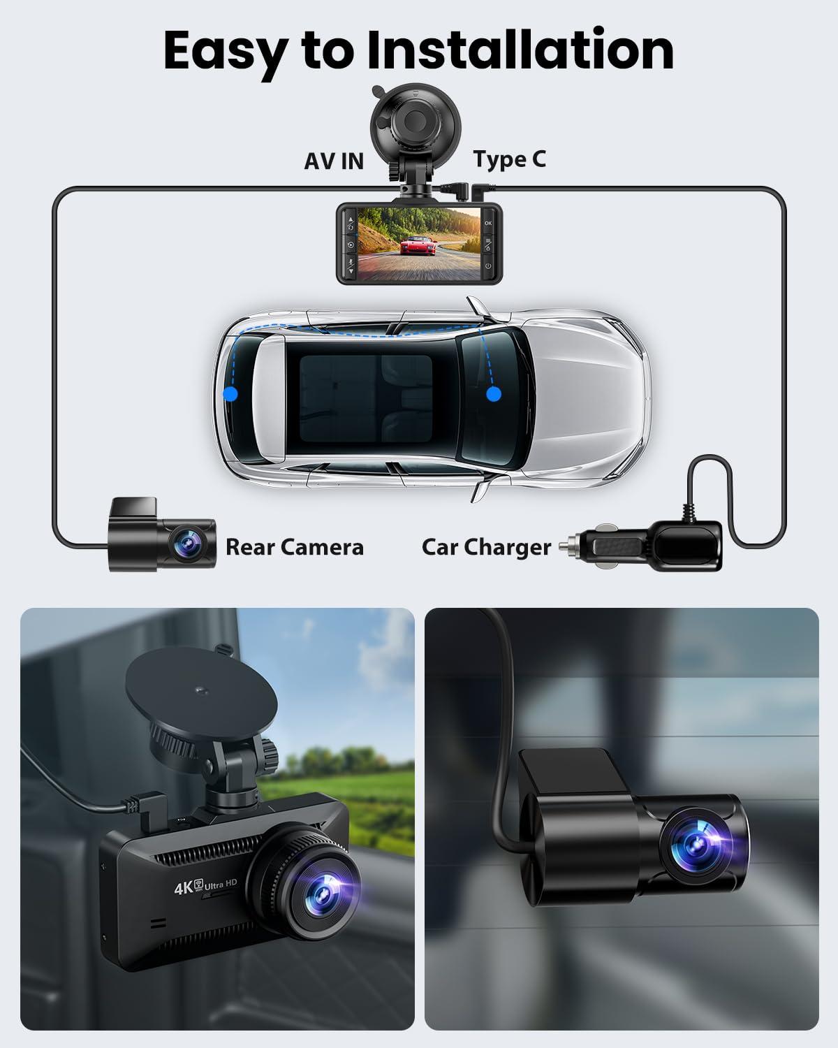 SUVCON Dash Cam Front and Rear 4K/1080P, Dash Camera for Cars Build in WiFi, Full HD Dash Cam with APP Control, 3.94'' IPS Screen Dash Camera with 32GB SD Card, G-Sensor, 24Hr Parking Mote, Loop Recording