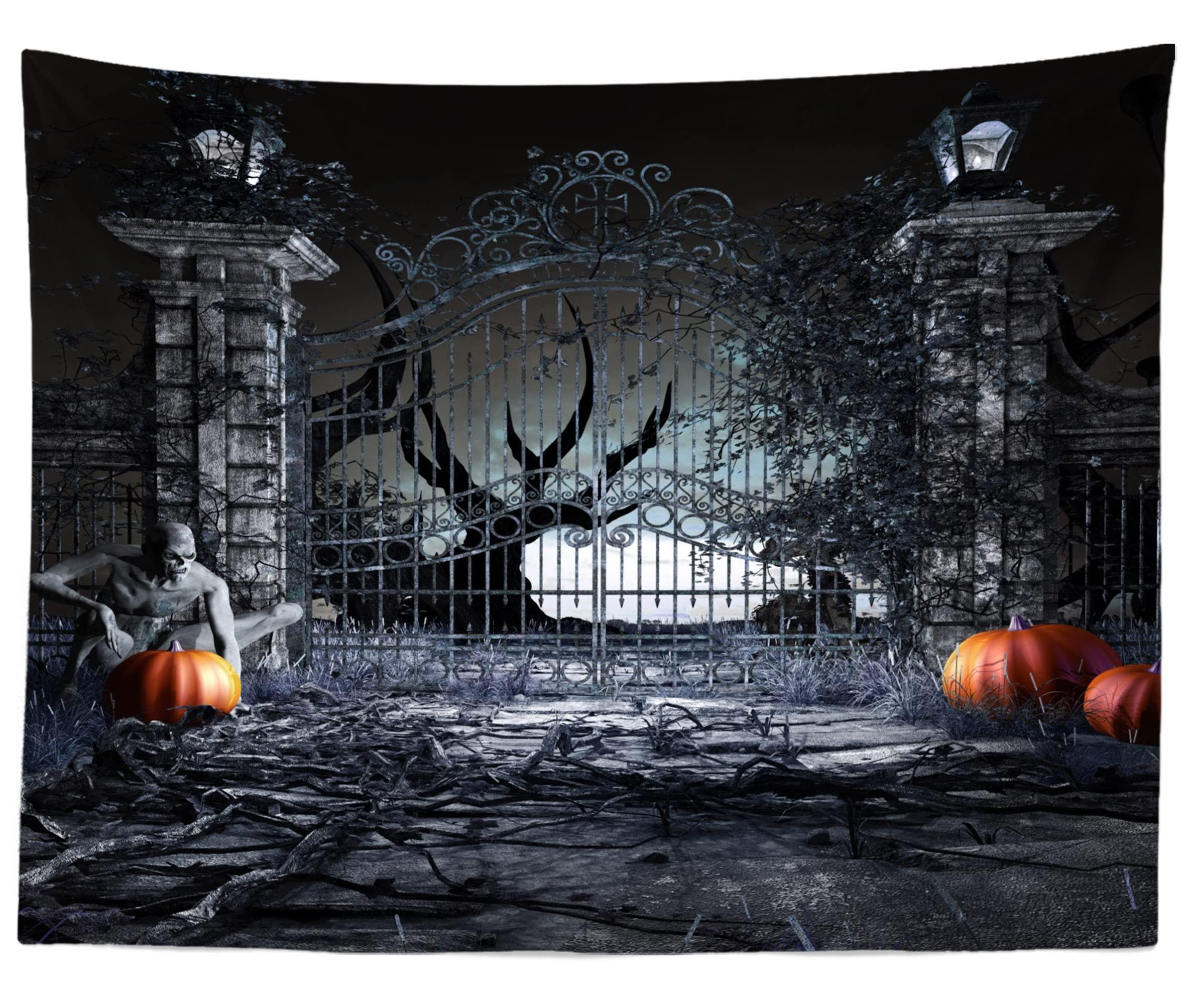 BELECO BELECO 7x5ft Fabric Halloween Backdrops for Photography Horror Night Creepy Graveyard Gate with Zombie, Pumpkins Ghost Background for Halloween Party Decorations Banner Photo Studio Booth Props
