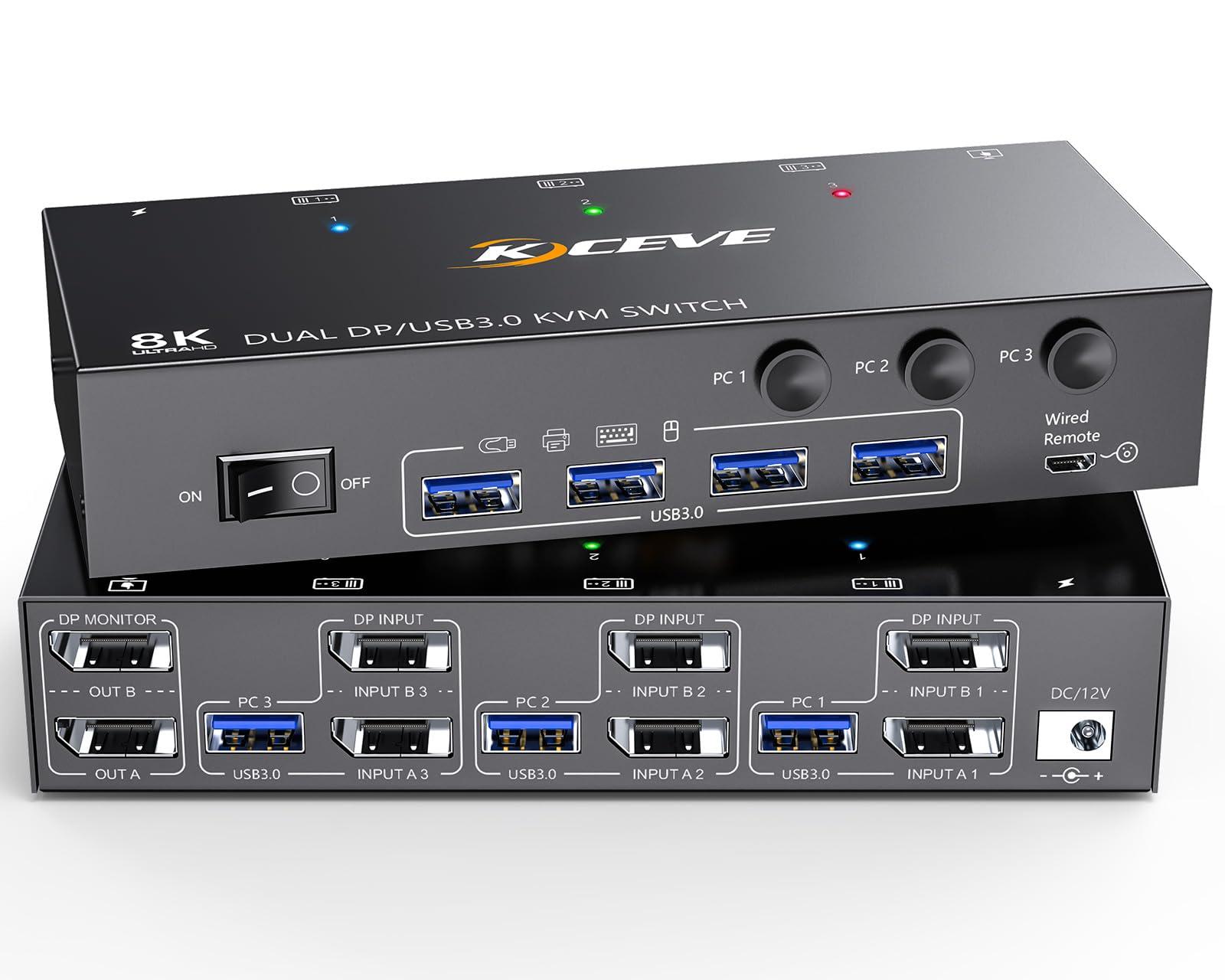 camgeet 8K Displayport KVM Switch 2 Monitors 3 Computers 8K@60Hz 4K@144Hz,Camgeet Dual Monitor KVM Switch Displayport with 4 USB 3.0 Ports for USB Devices,Wired Remote and 12V Power Adapter Included