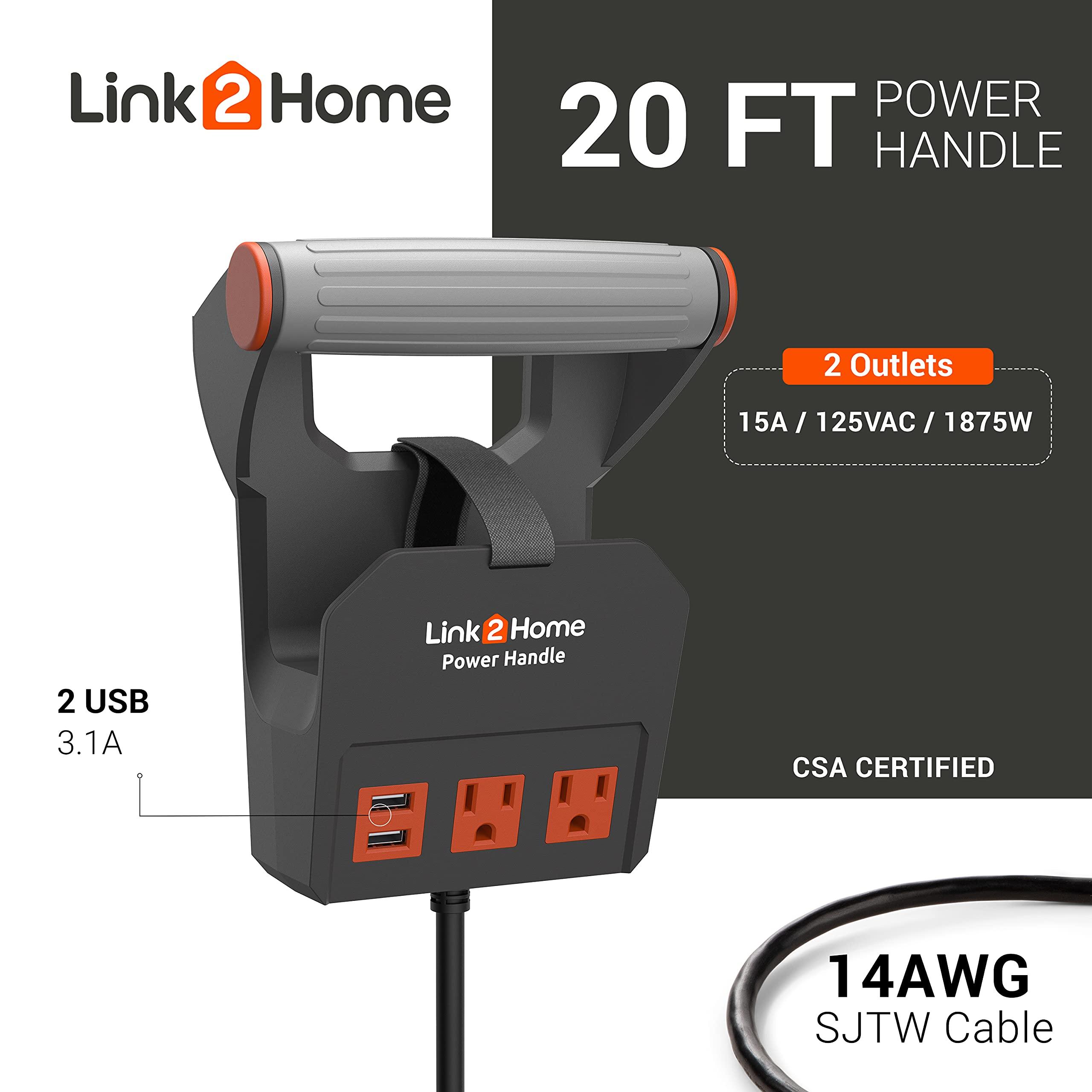 Link2Home Link2Home 20 Ft. Power Handle Extension Cord W/ 2 Outlets & 2 USB Ports - Wall Bracket & Hardware Included