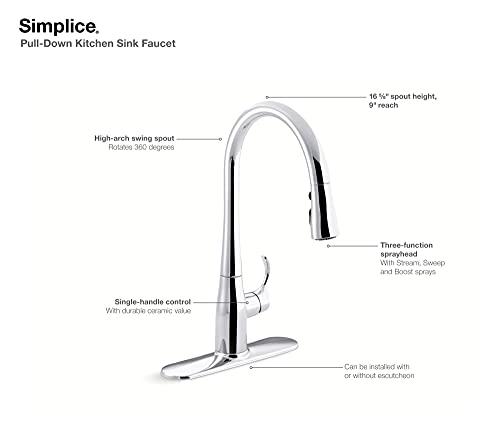 Kohler KOHLER Simplice Pull Down Kitchen Faucet, 3-Spray Faucet, Kitchen Sink Faucet with Pull Down Sprayer, Matte Black, K-596-BL