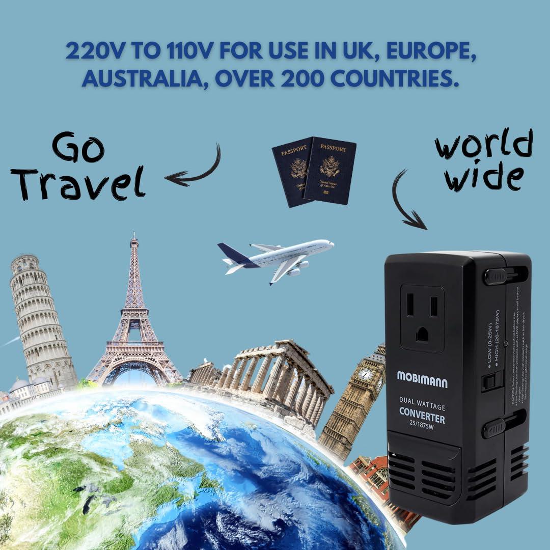 Mobimann Dual Wattage International Travel Voltage Converter Step Down 220V to 110V Voltage Power Converter for Curling Irons, Steam Iron Hair Dryer from US to Europe Australia UK Malta over 150 Countries