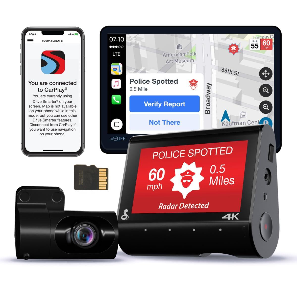 Cobra Cobra Smart Dual View Front and Rear Dash Cam (SC 250R) True 4K Resolution, 360 Alerts, Parking Live View, Incident Reports, Emergency MayDay, 32 GB SD Card Included, CarPlay & Android Auto