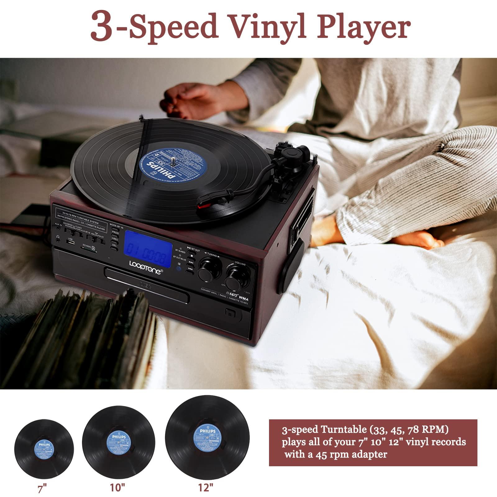 LoopTone LoopTone 10 in 1 Bluetooth in/Out Record Player 3 Speed Vinyl Vintage Turntable CD Player Cassette AM/FM Radio 2 Built in Speaker USB/SD Recorder Aux-in RCA Line-Out