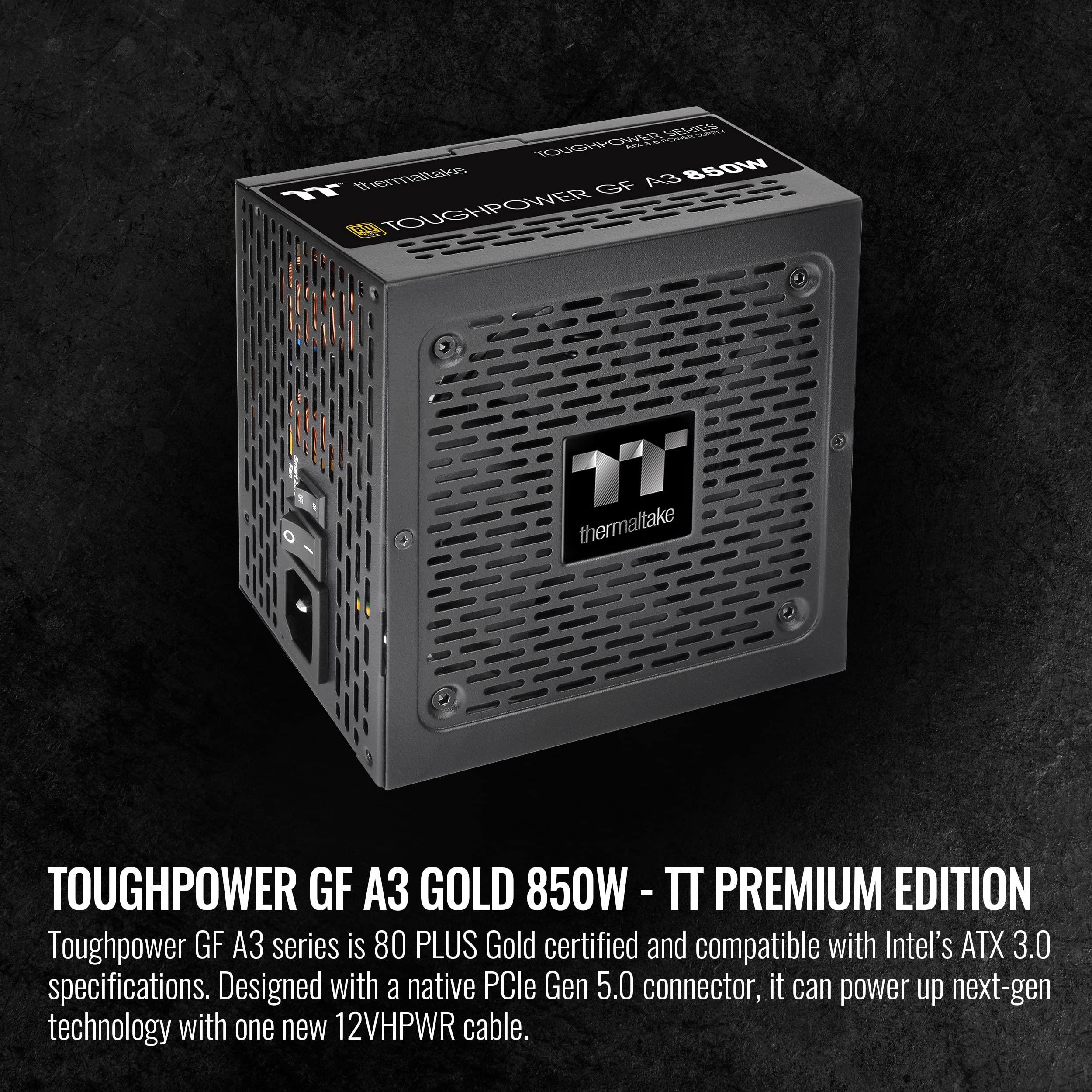 Thermaltake Thermaltake Toughpower GF A3 850W, True 450W 12VHPWR Connectors on PSU & NVIDIA RTX 40 Series, ATX 3.0/PCI-E 5.0, 80+ Gold, SLI/Crossfire Ready Power Supply, PS-TPD-0850FNFAGU-L, 10 Year Warranty