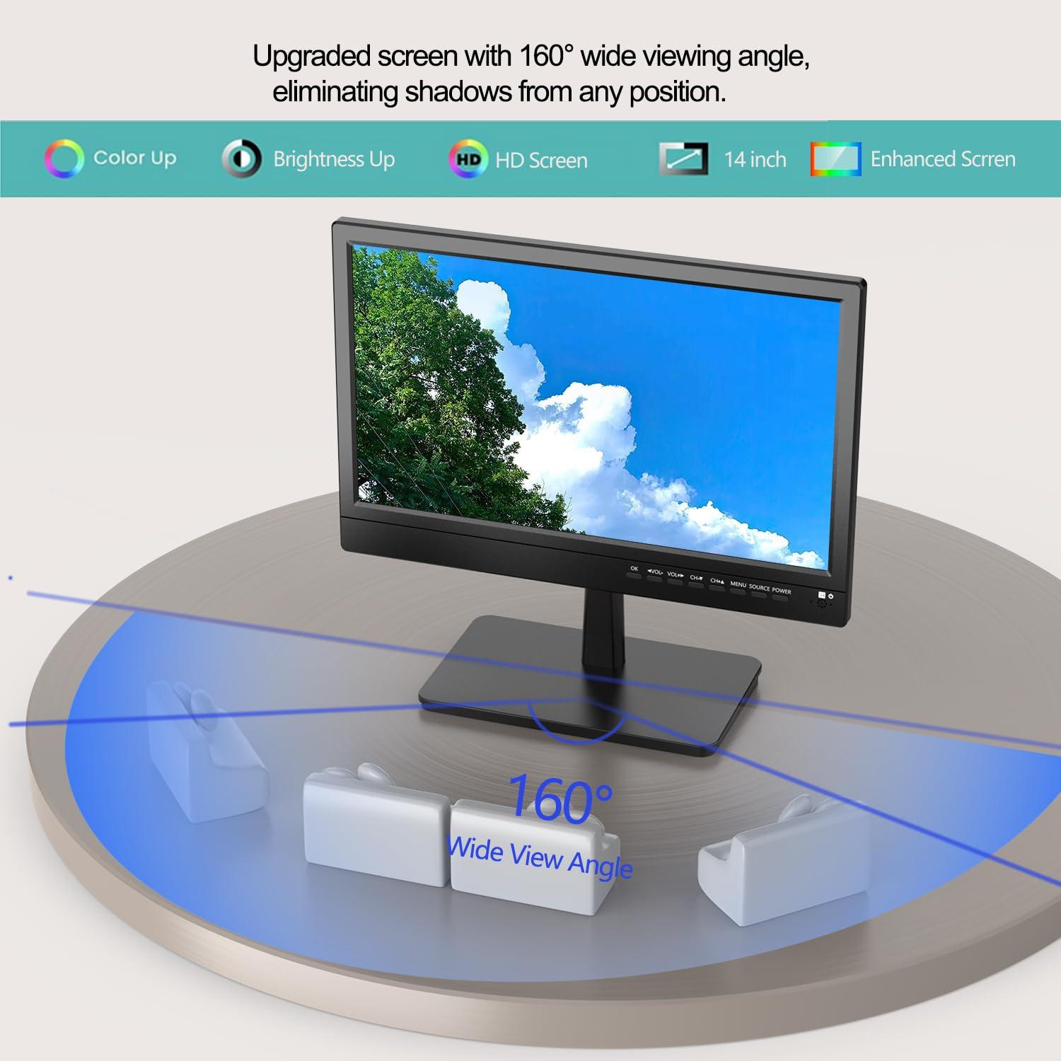 Feihe Feihe 14 inch Small Flat Screen Kitchen TV with Antenna ATSC Tuner/USB/HDMI/AV/VGA, Built-in TV Stand and Remote Control for Car,RV,Camping,Outdoor or Office