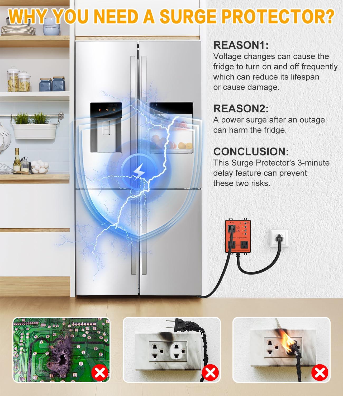 HAOYIKONG Refrigerator Surge Protector, 3-Outlet 120V for Home Appliance Surge Protector, Time Delay, LED Indicator Light & 110dB Alarm, Protects Against Voltage Abnormalities, Brownout, Spike, Instant Surge