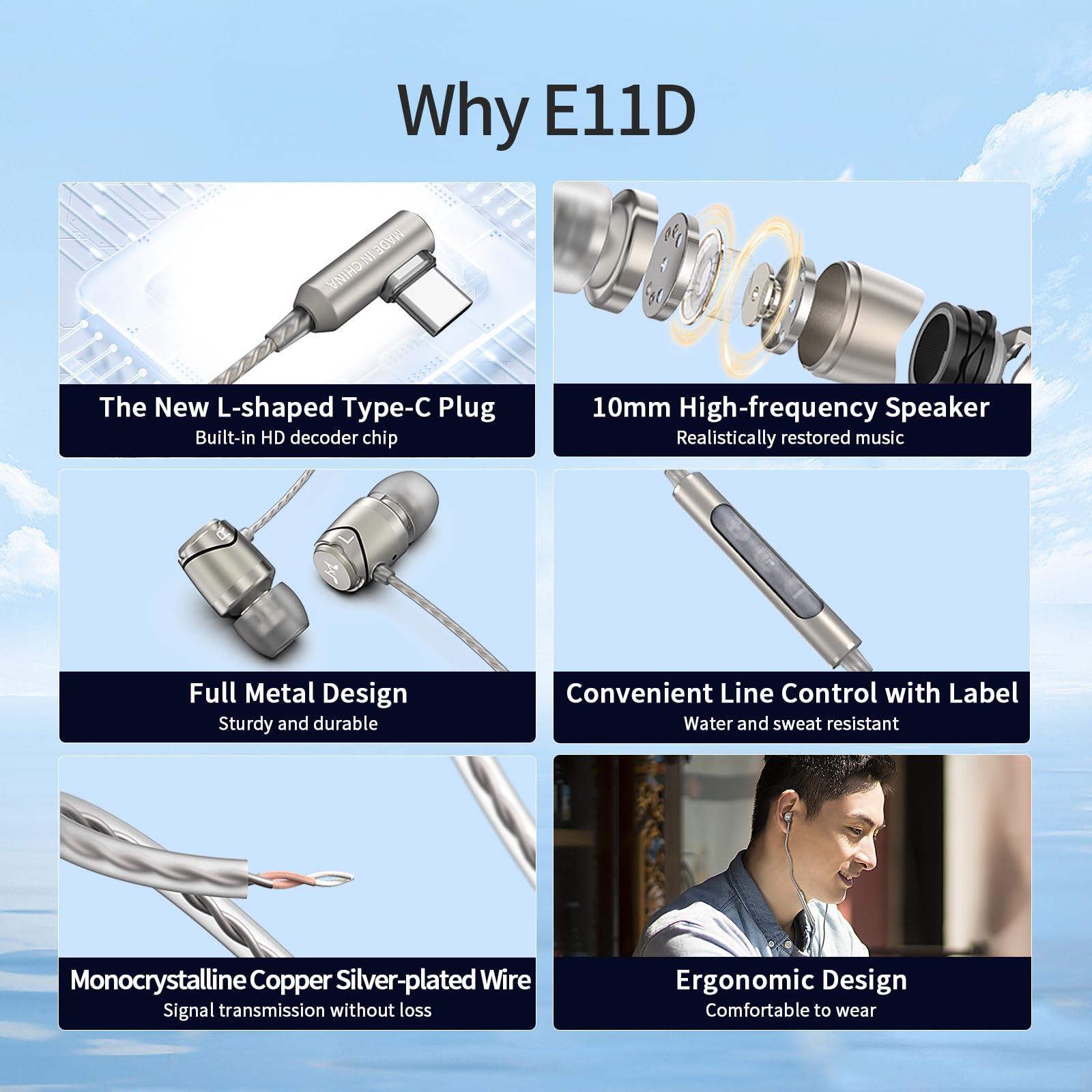 SoundMAGIC SoundMAGIC E11D Digital USB C Headphones Type C Earbuds with Microphone HiFi Stereo Earphones Powerful Bass Noise Isolating Compatible with Android Device Gunmetal