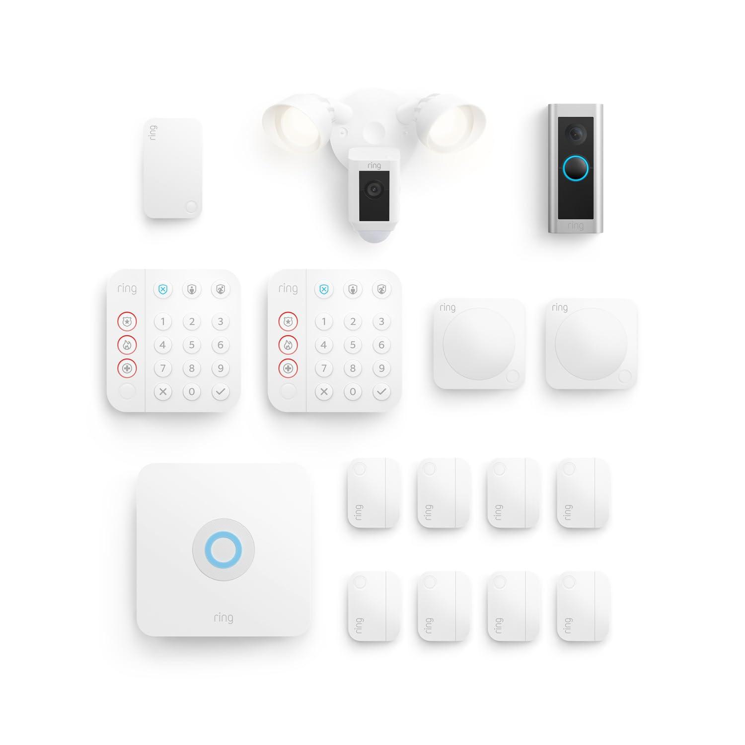 Ring Ring Wired Doorbell Pro (Video Doorbell Pro 2) with Ring Floodlight Cam Wired (White) and Ring Alarm 14-Piece (White)