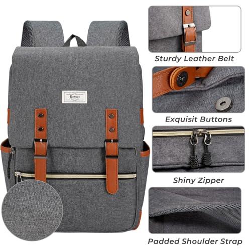 Ronyes Ronyes Vintage Laptop Backpack for Women Men,15.6 inch Bookbag Casual Daypack with USB Charging Port for College Work, Grey Backpacks