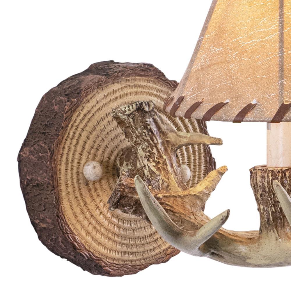 VAXCEL Lodge 1 Light Rustic Wood Antler Armed Wall Sconce Faux Leather Shade Noachian Stone
