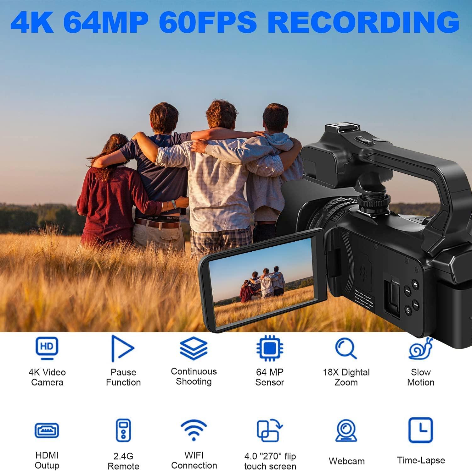 eDealz eDealz 4K 64MP Video Camera Camcorder Vlogging Camera for YouTube 60FPS 18X Zoom Video Camera, WiFi, Webcam, External Mic, 2 64GB SD Cards, 50" Tripod, Case, Card Reader, Dual Charger, Remote Control
