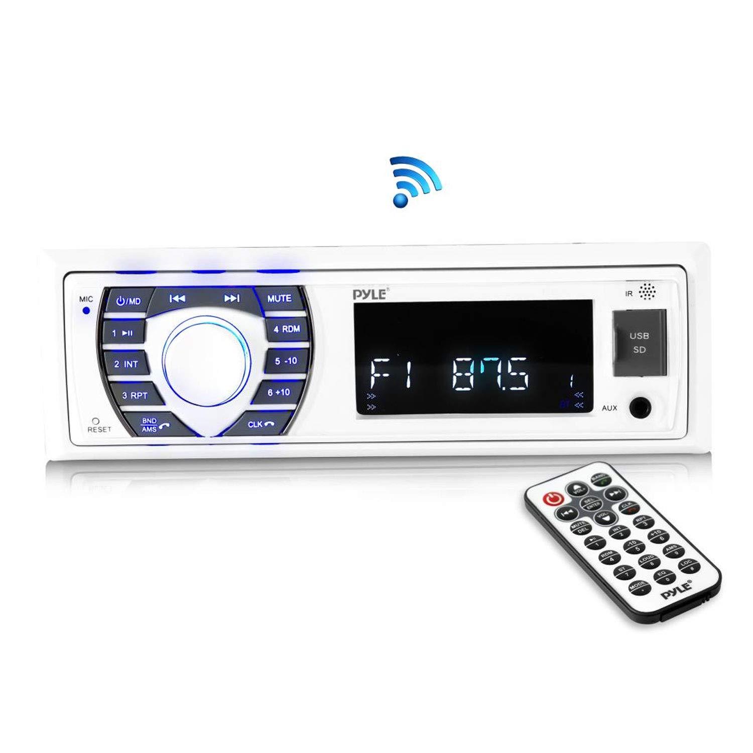 Pyle Pyle Bluetooth Marine Receiver Stereo - 12v Single DIN Style Boat In dash Radio Receiver System with Digital LCD, RCA, MP3, USB, SD, AM FM Radio - Remote Control, Wiring Harness - PLRMR23BTW (White)