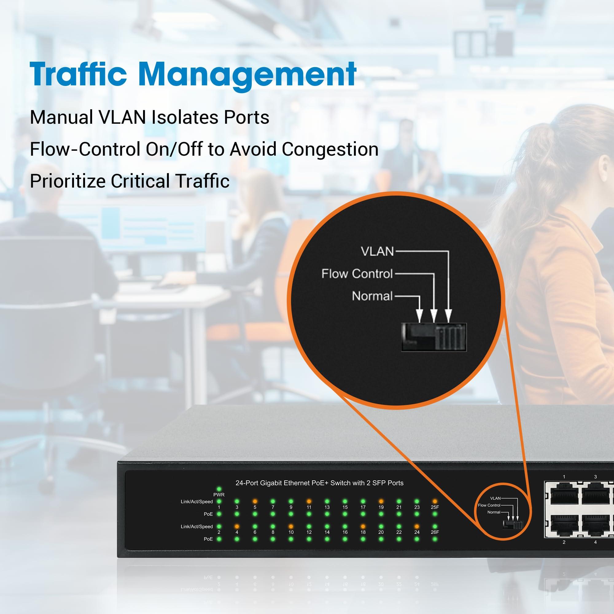 Intellinet Intellinet 24-Port Unmanaged PoE+ Gigabit Ethernet Switch - 370W Power Budget, 2 x 1Gbps SFP Ports, Rackmount/Desktop, Autosensing Ports, Sturdy Metal 3 Yr Mfg Warranty - 561891