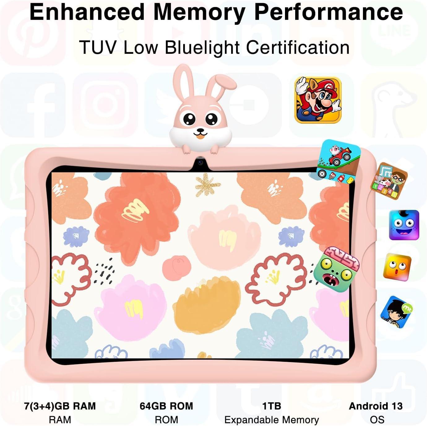 DOOGEE DOOGEE U9 Kid Tablet 10 inch HD Kids Tablet, 7GB+64GB/TF 1TB Quad Core, Android 13 Tablet for Kids 3-7 with 5060mAh |WiFi-6 |BT 5.0| Dual Camera |OTG| Widevine L1-Pink