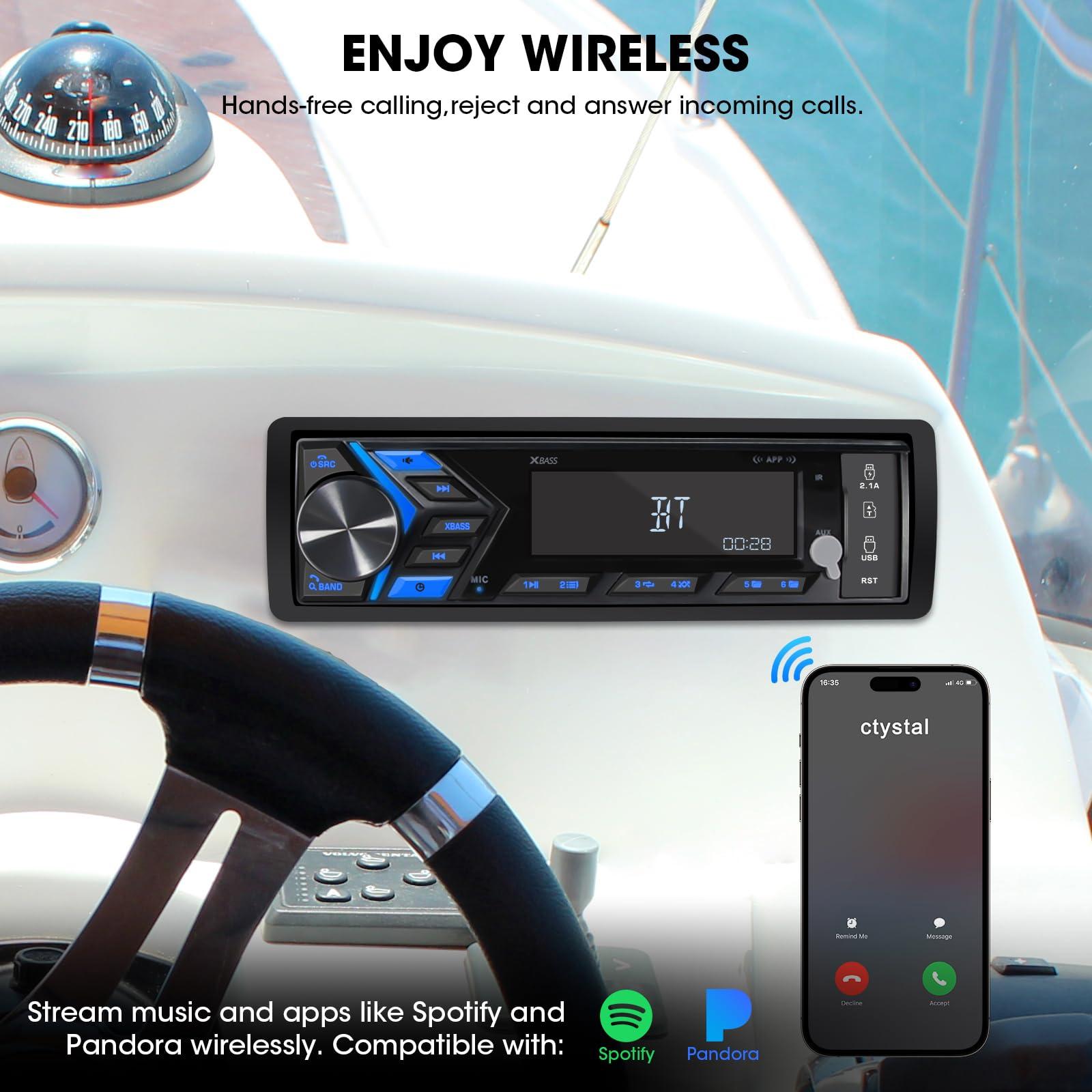 VOXXBASS Bluetooth Marine Stereo Single Din - Boat Radio Receiver - Digital LCD Screen AM FM USB 2.1 A Charging AUX-in 4 Volts Preamp Outputs 2 Subwoofer Ports Remote Control