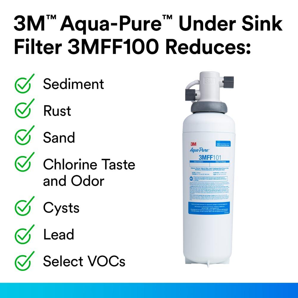 3M Aqua-Pure 3M Aqua-Pure 3M FF100 Under Sink Drinking and Cooking Water Filter System, Reduces Lead, Microplastics, Chlorine Taste and Odor, Cysts, Select VOCs