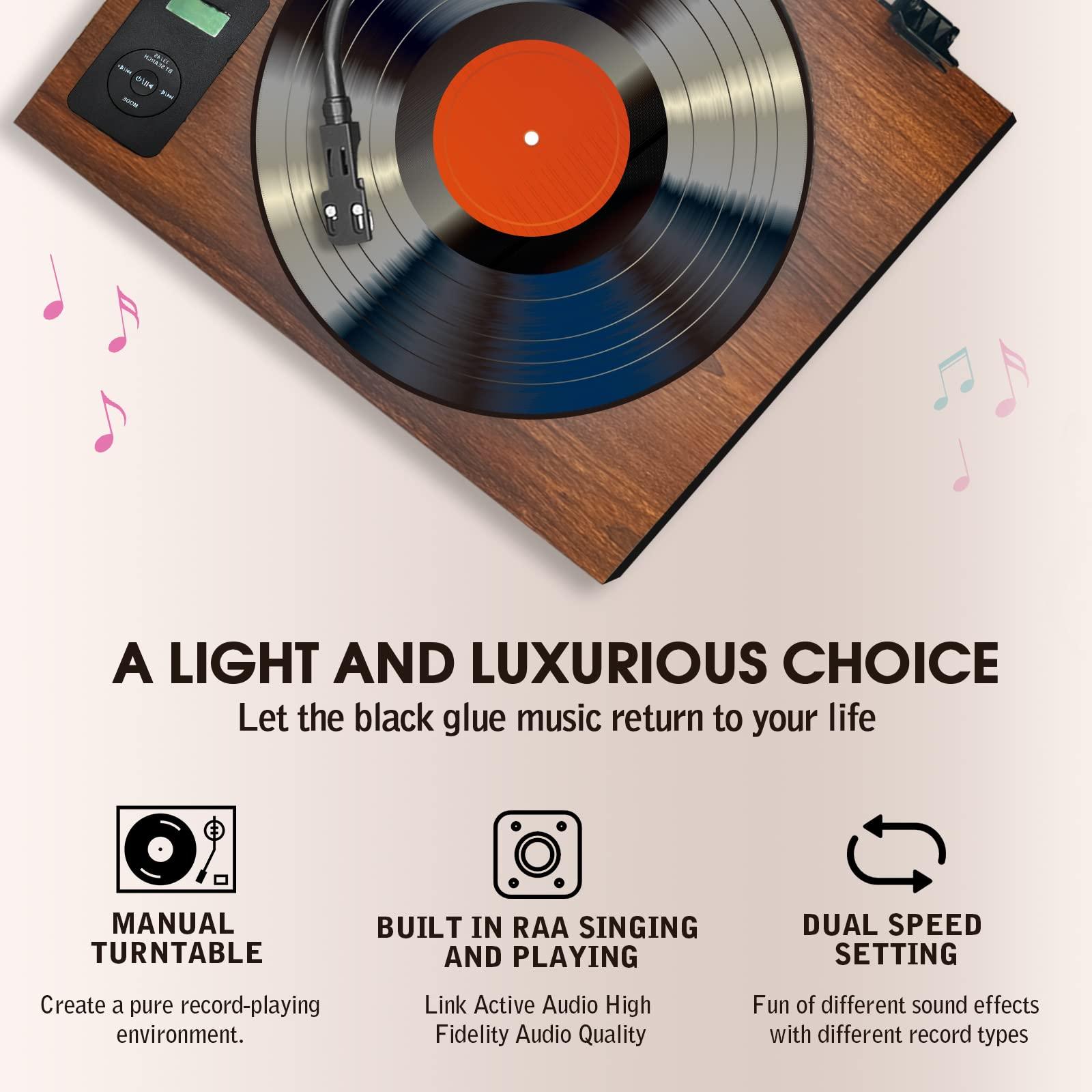Herneum Record Player Bluetooth, Vintage Turntable with 2 Stereo Speakers Built-in Bluetooth Input Output for Double-Speed Vinyl Record Belt-Drive Manual Turntable Portable Record Player