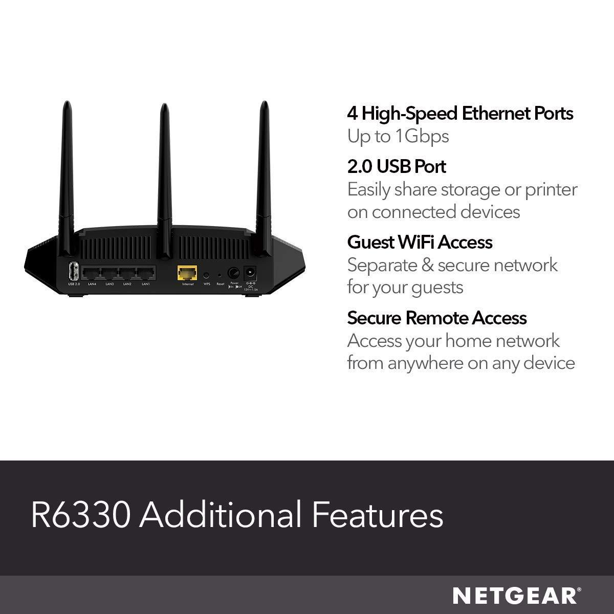 NETGEAR NETGEAR WiFi Router (R6330) - AC1600 Dual Band Wireless Speed (up to 1600 Mbps) | Up to 1200 sq ft Coverage & 20 Devices | 4 x 1G Ethernet and 1 x 2.0 USB Ports (R6330-1AZNAS) (Renewed)