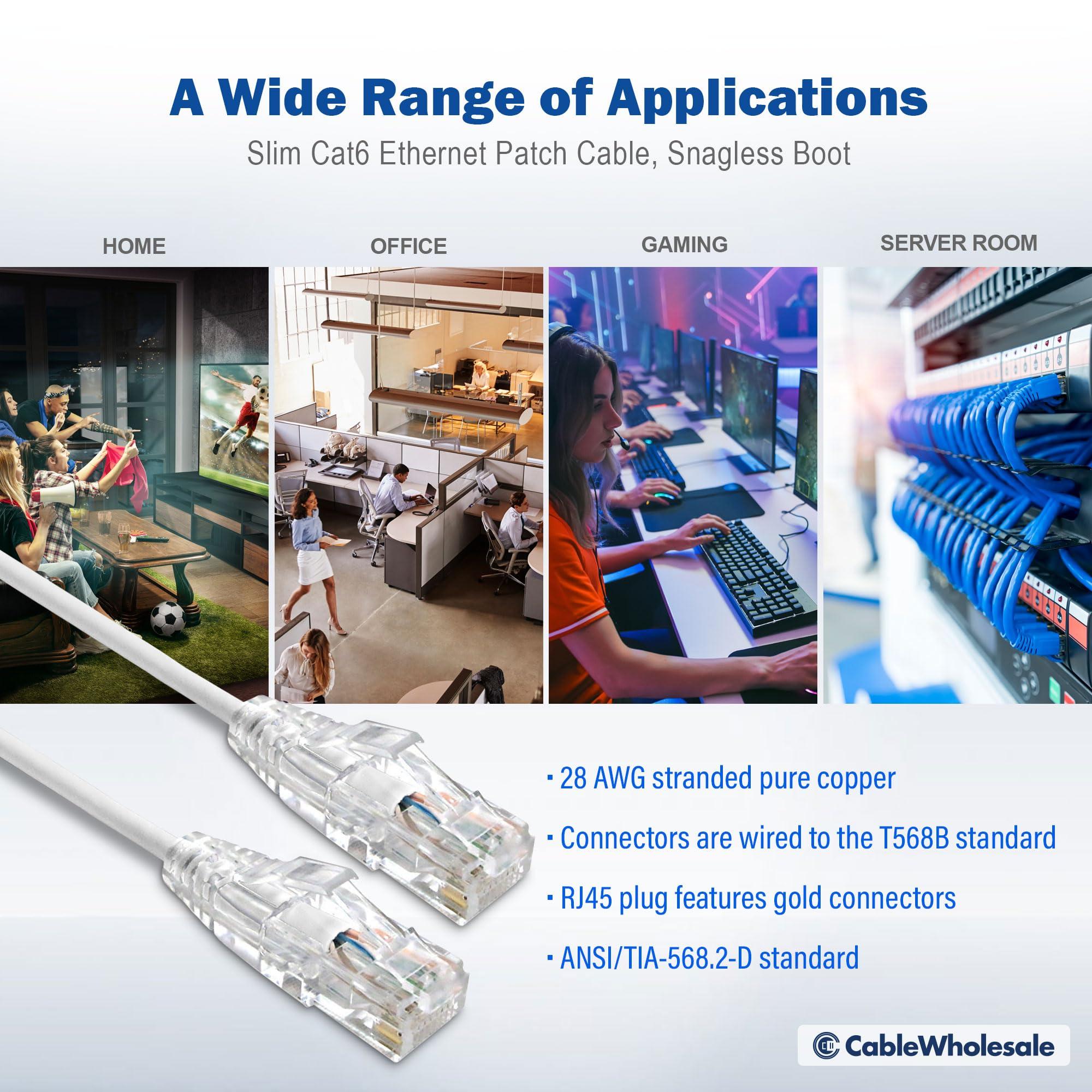 CableWholesale CableWholesale Cat6 Slim Ethernet Patch Cable, 28AWG, ETL Approved, RJ45 Gold Plate Connector Snagless/Boot Unshielded Twisted Pair (UTP), Internet Network Patch Cable, White, 14 Foot