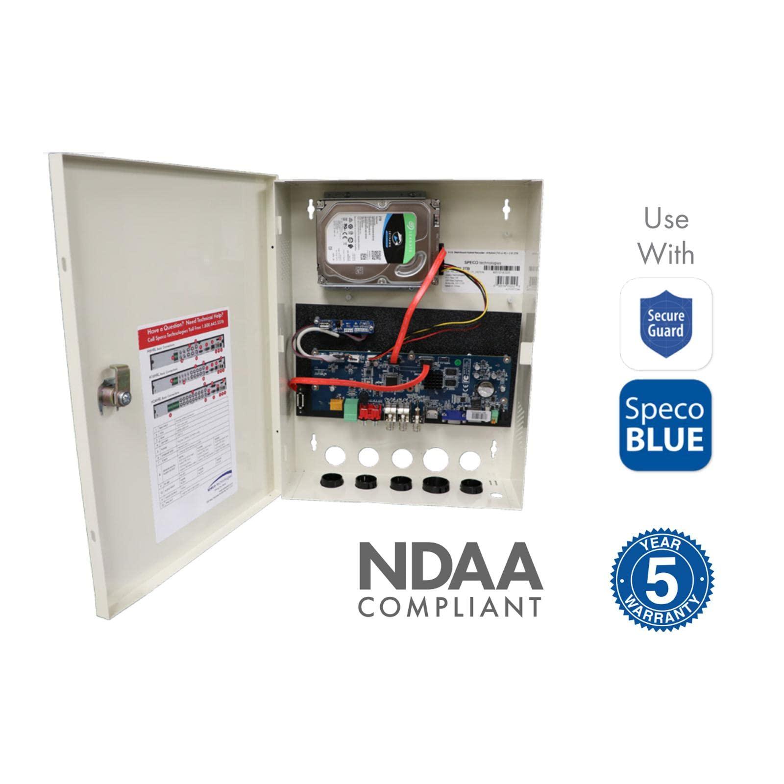 Speco Technologies Speco H6WHRL2TB 6-Channel 5MP H.265 Hybrid Wall Mount DVR with Smart Analytics & 1 SATA Port, 2TB