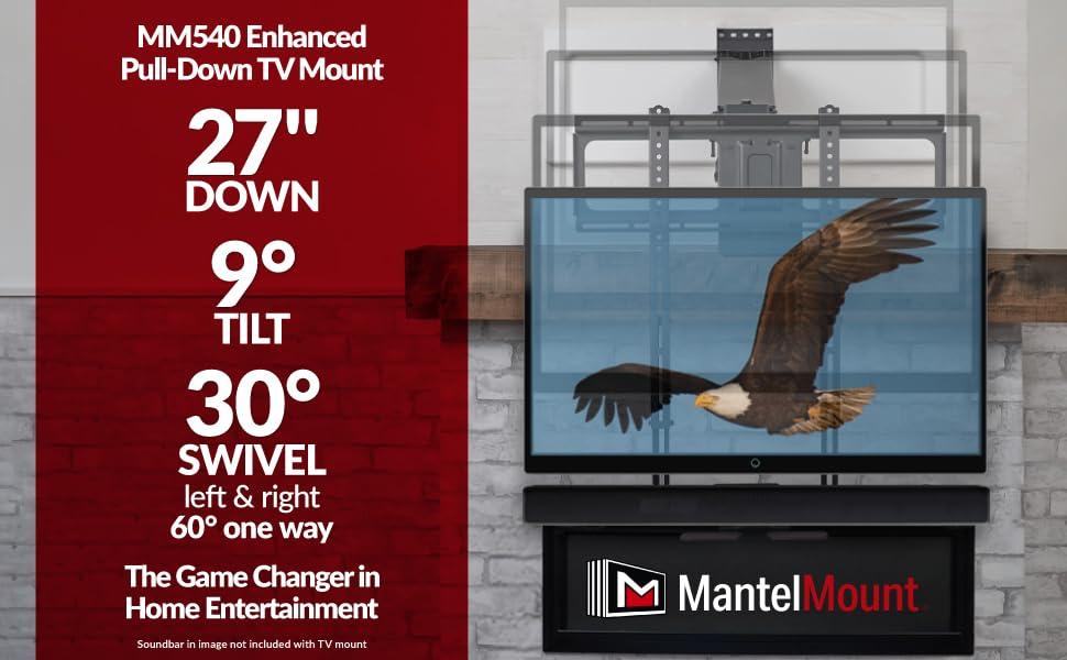 MantelMount MantelMount MM540 - Above Fireplace Pull Down TV Mount for 40" to 80" Screen TVs to 90 lbs, with Patented auto-straightening, Adjustable Stops, Heat Sensor Handles & Paintable Covers