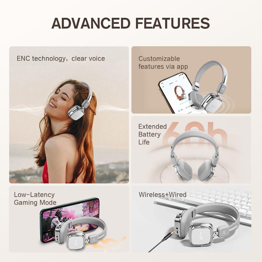 iKF iKF R2 Retro Classic Metal and Leather Grain Headphones, On Ear,Ergonomic Design,40mm Drivers, ENC Noise Cancelling, Bluetooth V5.4 & Wired Dual Mode, 60H Playtime,Throwback 80s 90s | Grey