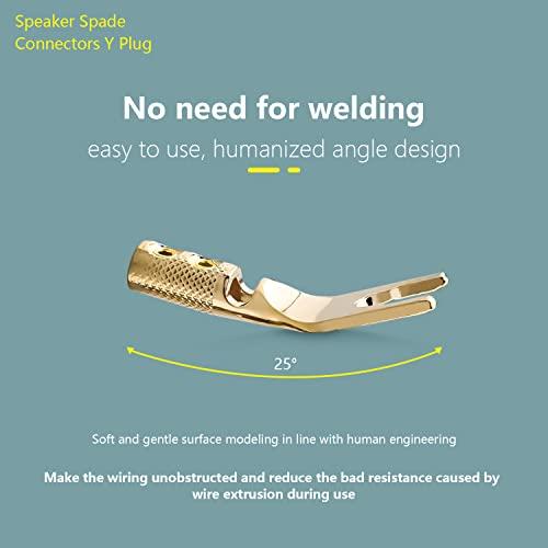 Tertullus Tertullus 8 Pcs Pure Copper Speaker Spade Connectors Y Plug Spade Speaker Wire Connectors 45 Degree Gold Plated Screw Locking Adapter Fork Spade Plugs for Speaker Wire DIY